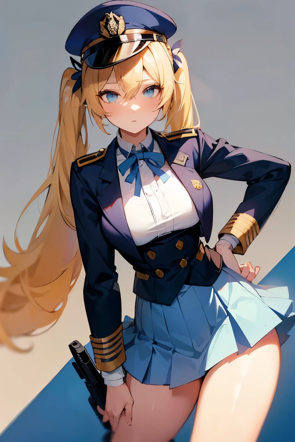 a blonde London police girl with amber eyes, in anime style, with a formal blue military uniform, full body from head to toe, with an epic background, with a blue sergeant's hat and a yellow skirt, a vest military blue with guns inside, white leggings, a white shirt under the uniform and with a hairstyle with two short pigtails tied with a light blue ribbon, with blonde hair, in a natural posture, sexy pose