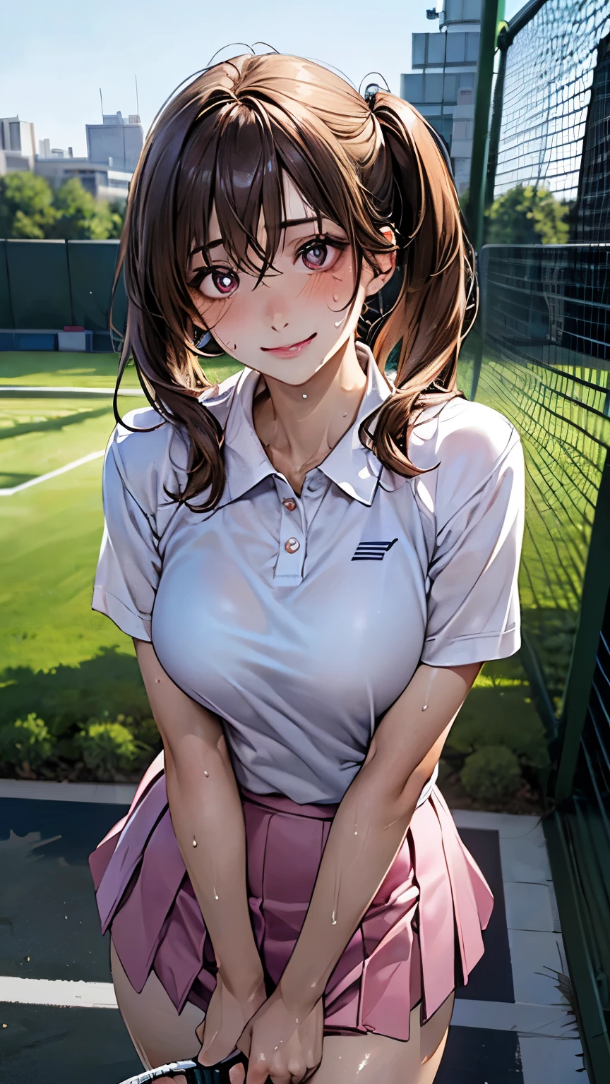 ((Tabletop, Highest quality, High resolution, Hmph, Pixel perfect, 4K, Hmph, Hmph))), 1 Girl, single, alone, Beautiful woman、Angle looking down from the front、Chest and face close-up、((Short Wavy Hair, bangs, Brown Hair)), ((Brown eyes, Beautiful eyelashes, Realistic eyes)), ((Detailed face, blush:1.2)), ((Smooth texture:0.75, Realistic texture:0.65, Realistic:1.1, Anime CG Style)), Medium chest, Dynamic Angle, Perfect body, ((White tennis wear、White short sleeve shirt with collar、Blue ruffled skirt、White tennis shoes、The wind blows up my skirt))、Tennis court、Very embarrassing panic smile、Pink Panties、Not wearing a bra、Nipples are visible、Pink nipples、Protruding nipples、I'm sweating a lot