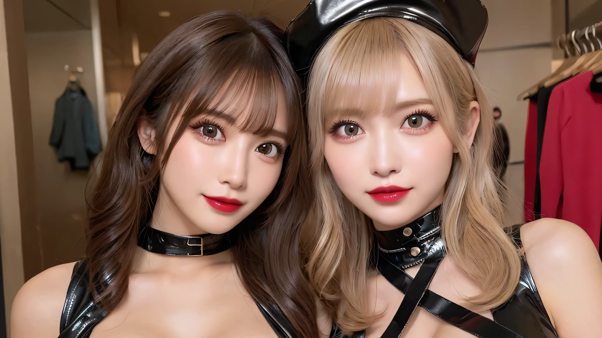 (2girls:1.2)，High resolution、Blonde、Light Hair Color、Beautiful eyelashes、20 years old、Best Quality、Very detailed、Delicate details、8K wallpaper、Beautiful eyes in every detail、Natural lip color、Long Hair、Straight Hair，Wavy Hair、Cute Face、Accentuate your breasts，Large Breasts，Big Eyes，Staring at the audience,Breast compression,black leather costume,corset，sexy，I can see the valley,close up,patent leather、Fitting Room、smile、(show off nipples:1.2)、Choker,belt，breast squeeze,