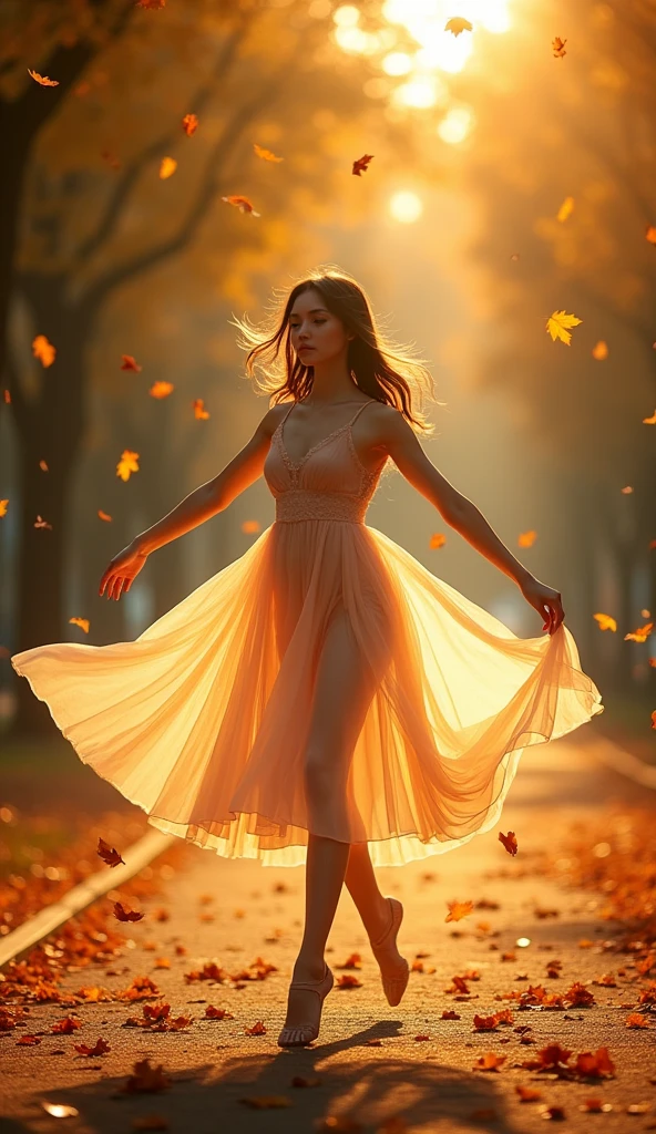 portrait character the body is made of air, air skin, air element Creature, dance with wind and autumn leaves, beautiful, proud, high detail, masterpiece, long hair, With trees in the background, skin emits light, eyes emits light, athletic body, erotic outfit, lots of wind in her hair, in the trees and in the whole scene