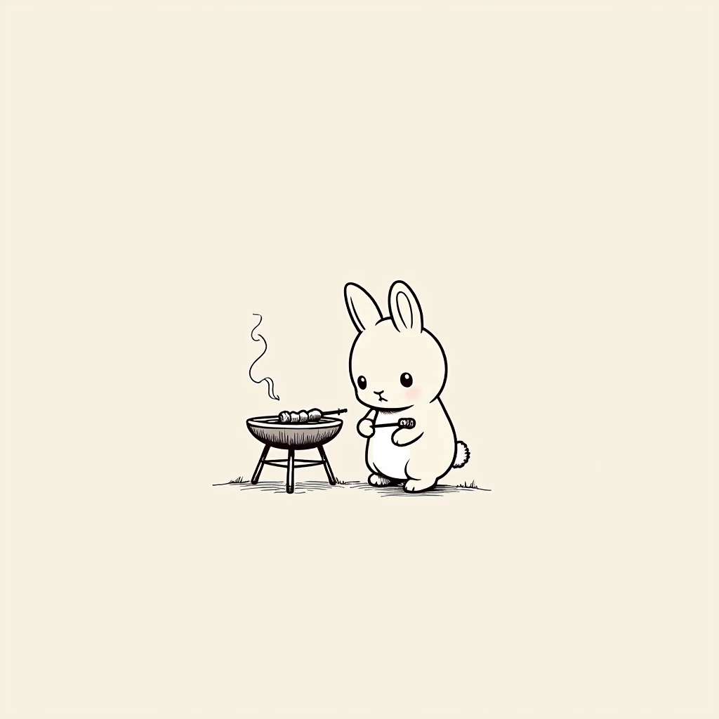 "A minimalist tattoo design featuring a continuous single-line drawing of a small animal, inspired by the style of Sylvanian Families. The design should depict a playful and friendly pose of an animal, such as a rabbit or a bear, standing next to a barbecue grill. The line starts at the head, outlining the ears and face, and flows down to create the body and legs, with the animal holding a skewer or grilling food. Include a simple detail like smoke rising from the grill. The overall look should be elegant and fluid, capturing the playful and nostalgic essence of the characters in a simple and monochrome style."