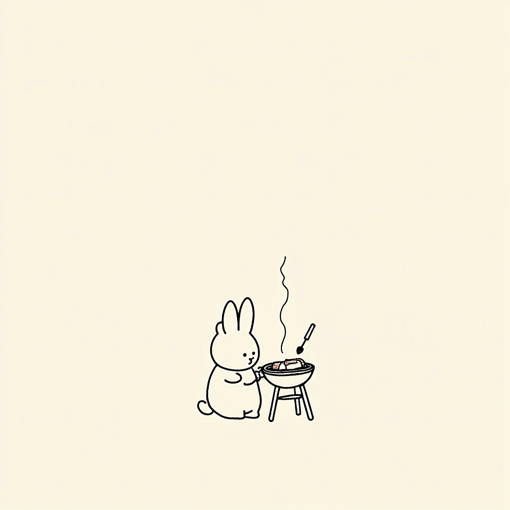 "A minimalist tattoo design featuring a continuous single-line drawing of a small animal, inspired by the style of Sylvanian Families. The design should depict a playful and friendly pose of an animal, such as a rabbit or a bear, standing next to a barbecue grill. The line starts at the head, outlining the ears and face, and flows down to create the body and legs, with the animal holding a skewer or grilling food. Include a simple detail like smoke rising from the grill. The overall look should be elegant and fluid, capturing the playful and nostalgic essence of the characters in a simple and monochrome style."