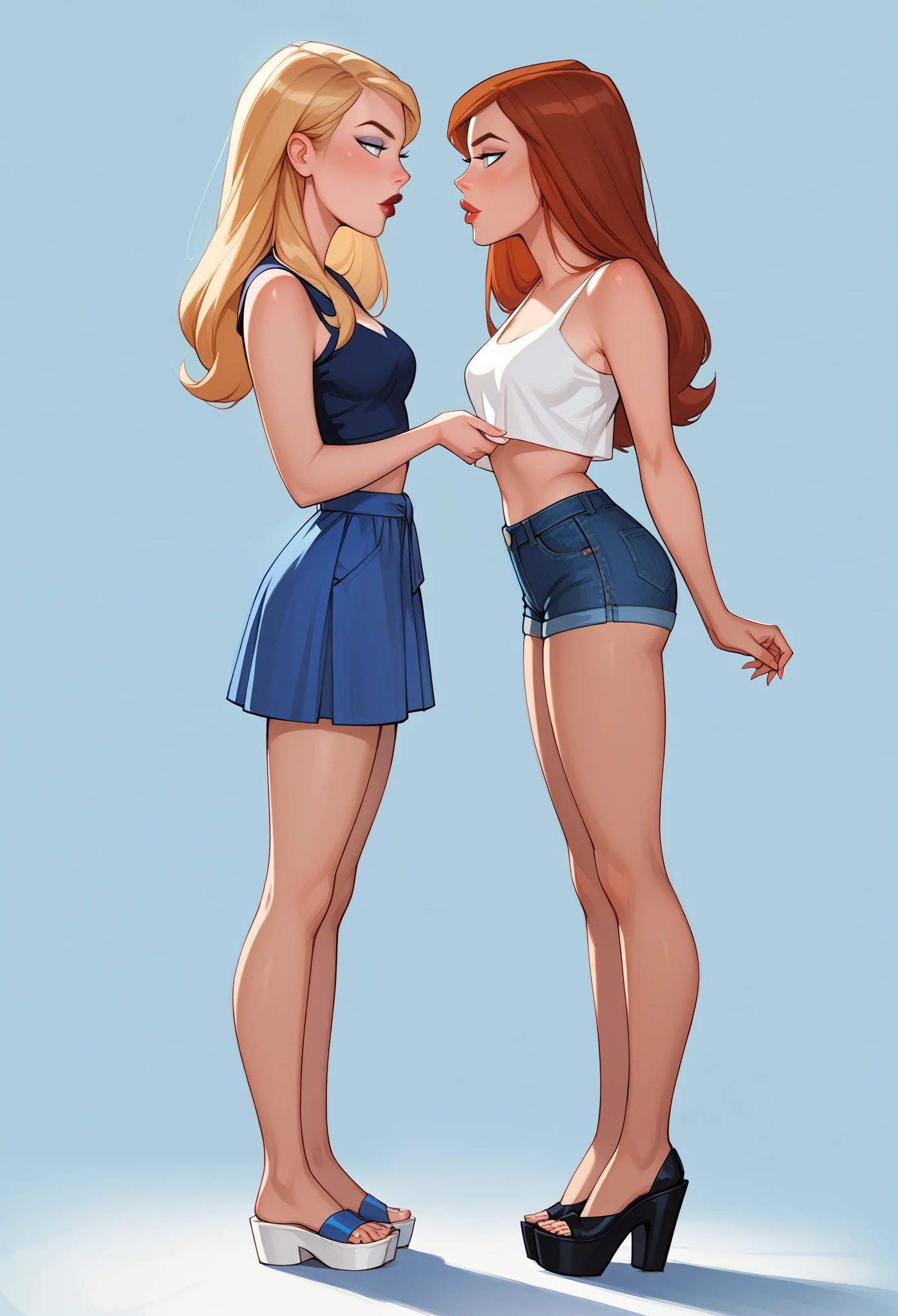 score_9, score_8_up, score_7_up, dcaustyle, source_cartoon, 2girls, duo, (Kara Zor-El, blonde:1.3) and (Barbara Gordon, reddish brown hair:1.2), wearing sexy casual clothes, midriff, wedge, flirt, gaze, sexy look, half-closed eyes, head tilt, filled lips, thick lips, makeup, side view, (full bodies in view) expressiveh d4rk01l, perfect hands, perfect proportions, simple background.