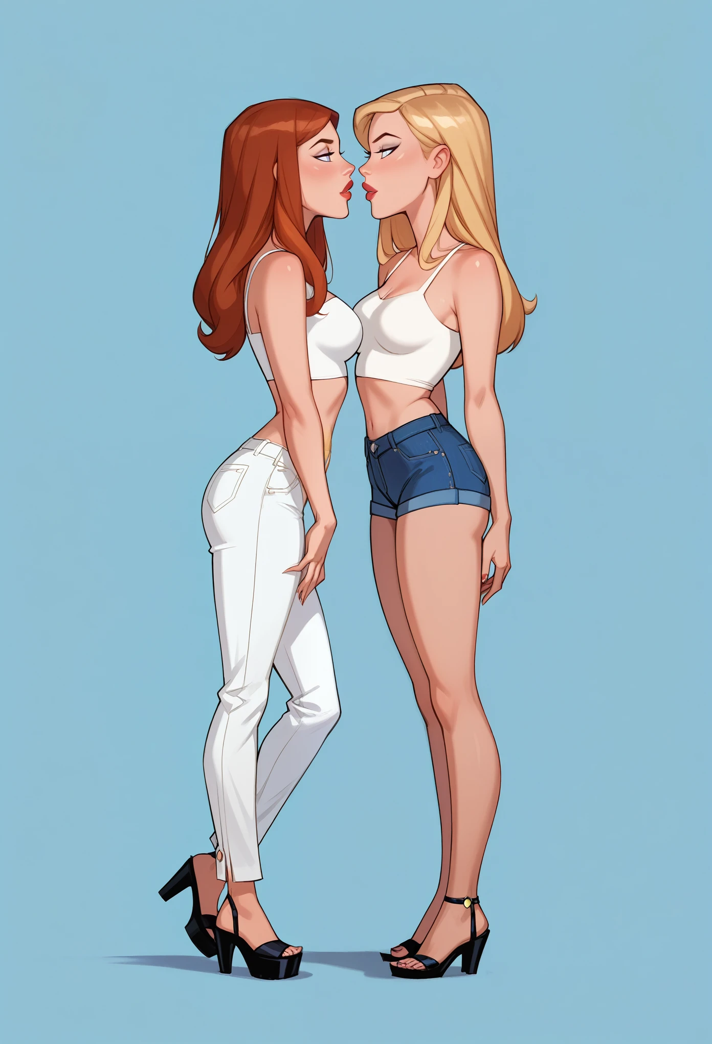 score_9, score_8_up, score_7_up, dcaustyle, source_cartoon, 2girls, duo, (Kara Zor-El, blonde:1.3) and (Barbara Gordon, reddish brown hair:1.2), wearing sexy casual clothes, midriff, wedge, flirt, gaze, sexy look, half-closed eyes, head tilt, filled lips, thick lips, makeup, side view, (full bodies in view) expressiveh d4rk01l, perfect hands, perfect proportions, simple background.