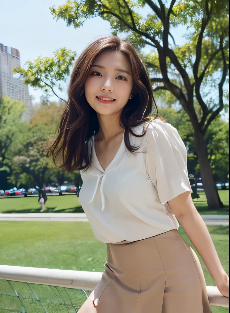 (Best Quality, masutepiece, Ultra HD: 1.3, High brightness, High color saturation), 1girl in, （middlebreasts）, light brown hair, Asymmetrical hair, straight haired, Long hair, （ slender body shape, Constricted waist）, （Ultra Fine Face）, Delicate lips, （beautidful eyes）, thin blush, eyes are brown, perfect glossy skin, View here, Smiling smile, （ hide one's hands）, （Sitting on a bench）, （thin and long legs, Thighs and toes:1.5), See-through white blouse, black enamel tight skirt, （Black stockings）, (a japanese girl, hposing Gravure Idol), Broad-leaved forest, 135 mm, Fuji Film