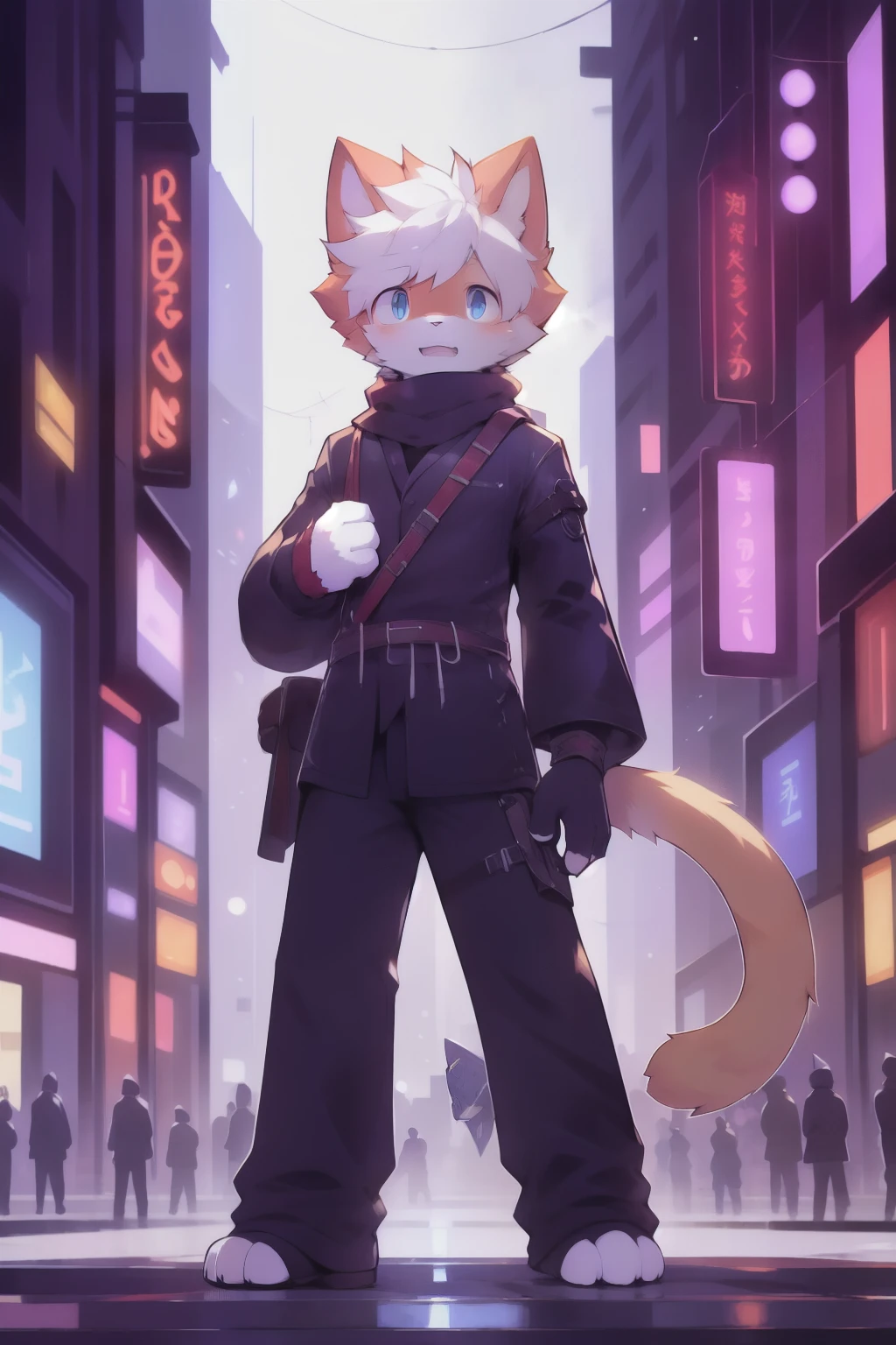 work of art, best quality, high resolution, 1 Femboy, synonym 1, scarf, short hair, mitts, ninja mask, long sleeves, leather pants, White hair, Cat's ears, cat tail,rogue clothes, leather pants, holding, holding a katana, hooded cloak, rogue rpg, rpg, ninja, cyberpunk city, menacing pose, wearing Technological mask