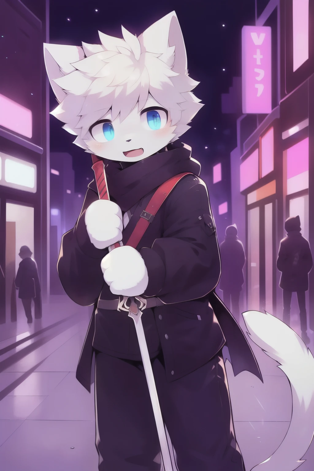 work of art, best quality, high resolution, 1 Femboy, synonym 1, scarf, short hair, mitts, ninja mask, long sleeves, leather pants, White hair, Cat's ears, cat tail,rogue clothes, leather pants, holding, holding a katana, heterochromia, yellow eye, blue eye, hooded cloak, rogue rpg, rpg, ninja, cyberpunk city, menacing pose, wearing Technological eye mask