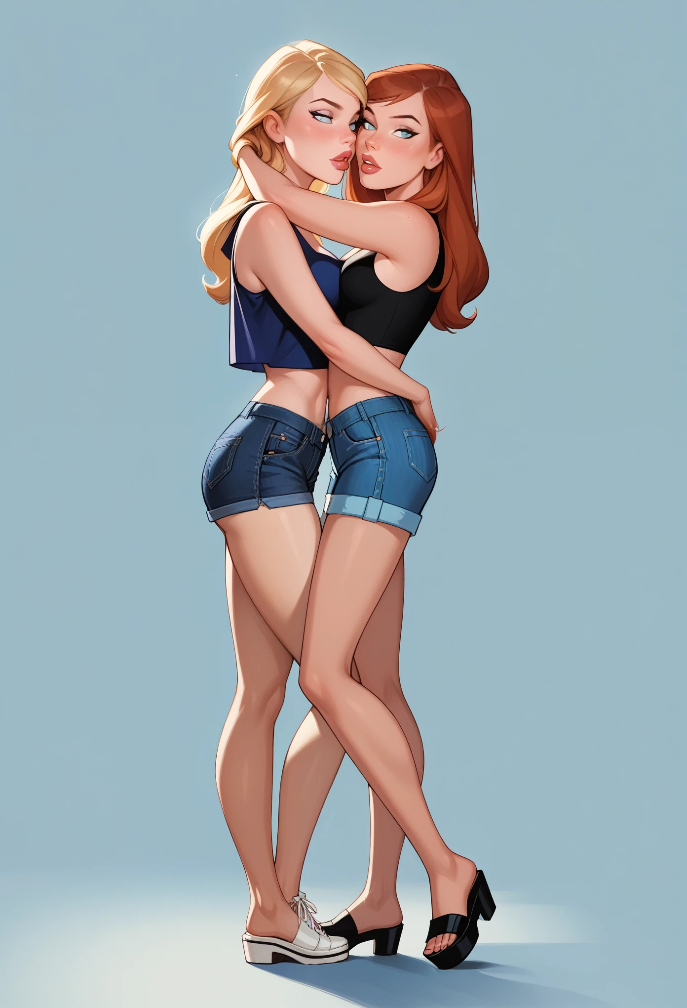 score_9, score_8_up, score_7_up, dcaustyle, source_cartoon, 2girls, duo, (Kara Zor-El, blonde:1.3) and (Barbara Gordon, reddish brown hair:1.2), wearing sexy casual clothes, midriff, wedge, flirt, gaze, sexy look, half-closed eyes, head tilt, filled lips, thick lips, makeup, embracing, side view, (full bodies in view) expressiveh d4rk01l, perfect hands, perfect proportions, simple background.