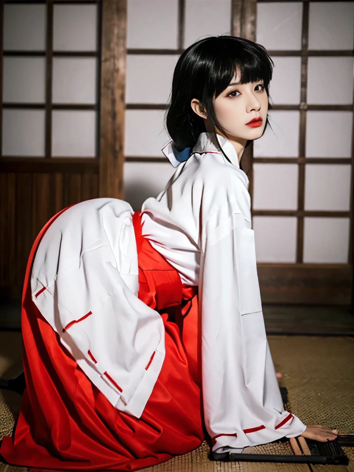 (masterpiece:1.25, highest quality:1.25), 16K HDR, 8K wallpaper, ultra high resolution, professional lighting, cinematic lighting, perfect RAW photo, 1 girl, alone, long hair, ultra realistic photo of Kikyo Miko, (kimono, red hakama, wide sleeves, long sleeves, ribbon-trimmed sleeves), (extremely ultra huge natural breasts:1.4, extremely ultra huge natural cleavages:1.4, extremely ultra huge natural boob:1.4, extremely ultra huge natural tits:1.4), ((indoors, ultra realistic altar, ultra detailed altar, ultra realistic interior of abandoned Japanese shrine, ultra detailed interior of abandoned Japanese style shrine, wooden floor)), ((close up angle, zoom up angle)), (nsfw:1.7), front view, look at viewer, (pregnant stomach:1.1), (((ultra realistic doggy style sex scene, ultra detailed doggy style sex posture, insert huge penis into her vagina from side, penetrate huge cock into her pussy from side))), all fours, directly side view, directly side angle,