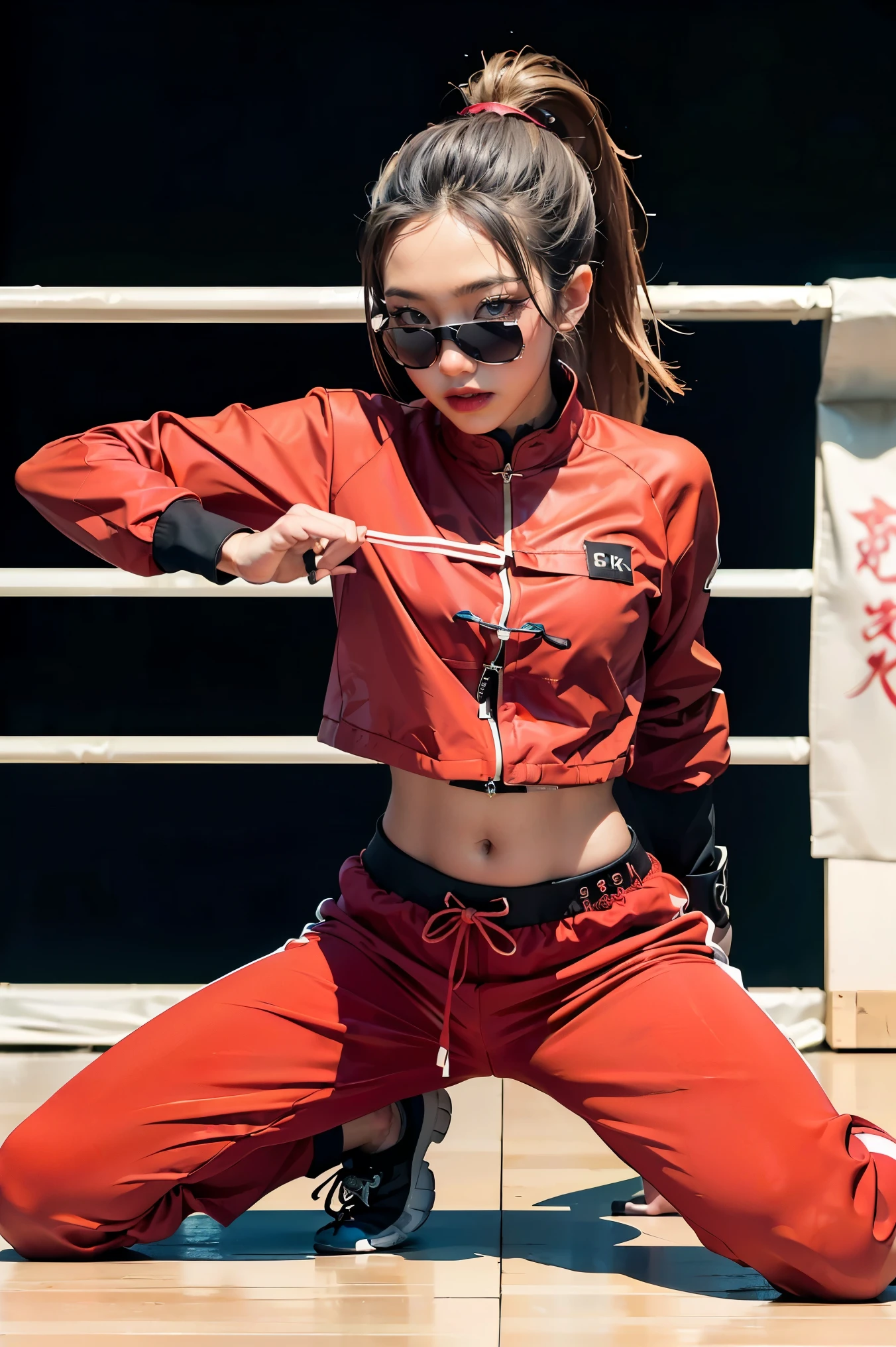 (((Highest quality, 8k, masterpiece:1.3)), 1girl, Fighter pose, (( futuristic Kung Fu Clothing)), Toned Body, red, ponytail, track pants, kungfu-styled jacket