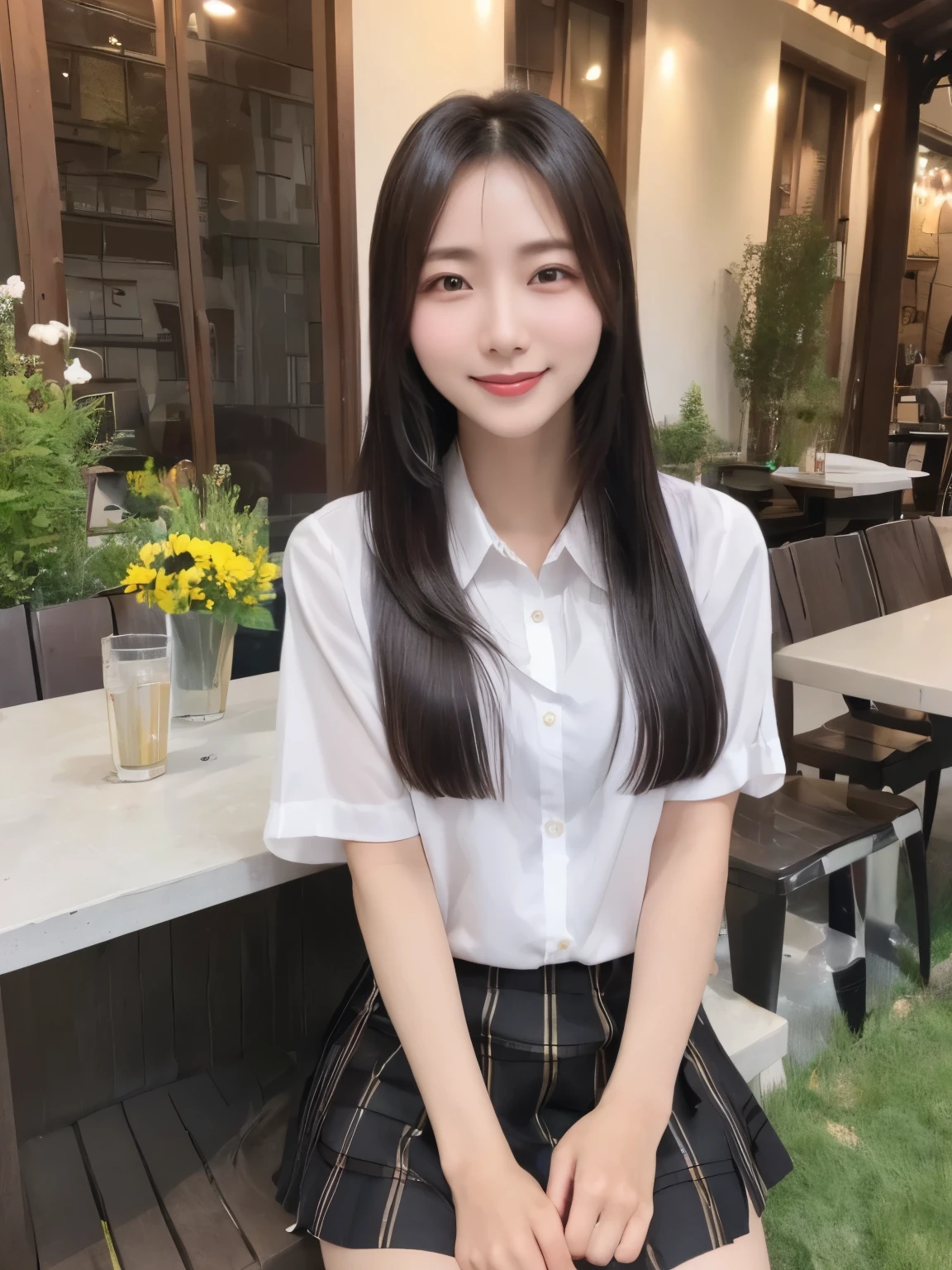 (1 Korean star with royal sister style), ((Best quality, 8K, 巨作: 1.3)), focal point: 1.2, Perfect body proportions: 1.4, (Make a smile), (Sunset: 1.3),  Watery eyes, Highly Detailed Face and Skin Textur, Fine eyes, Double eyelids, Whitens the skin, (long whitr hair, Air bangs: 1.3), (Round face inches: 1.5), JK skirt 1.4), （Sketch 1:2，）rural landscape。  Take photos while sitting in a medium-to-long distance pose。