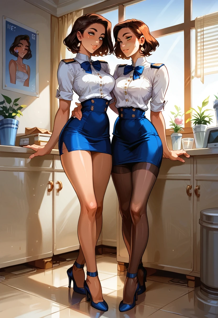 score_9, score_8_up, score_7_up, score_6_up, 1girl, 30yo, female, short, slender slutty girl, brunette, shoulder length hair, cute and mature, flirt, gaze, sexy look, half-closed eyes, filled lips, wearing sexy flight attendant uniform, (baby blue skirt, short skirt:1.3), high heels, (white_blouse:1.4), medium breasts, standing, (inside private jet:1.5), expressiveh, perfect hands, perfect proportions.