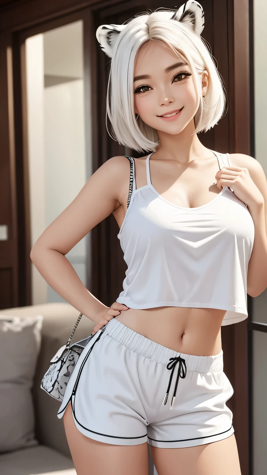 Looking at the viewer, turning around, smiling, white tiger pattern shorts and white tiger pattern camisole, cute style, winking, white tiger pattern supporter