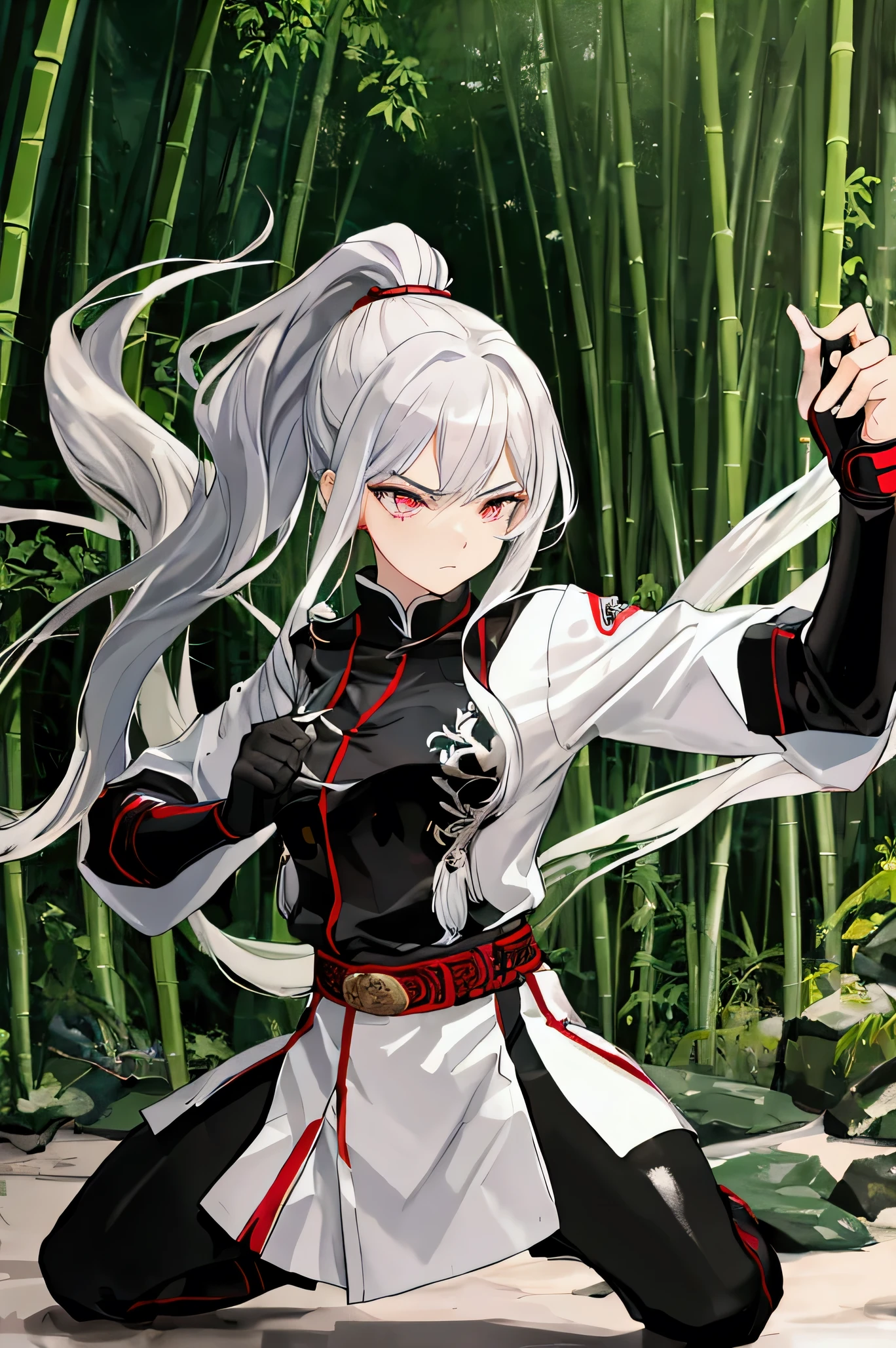 masterpiece, best quality, high resolution, female warrior, stance, silver hair, high ponytail, sharp gaze, no expression, black martial arts uniform and white belt, martial arts gloves, atmosphere in a bamboo forest.