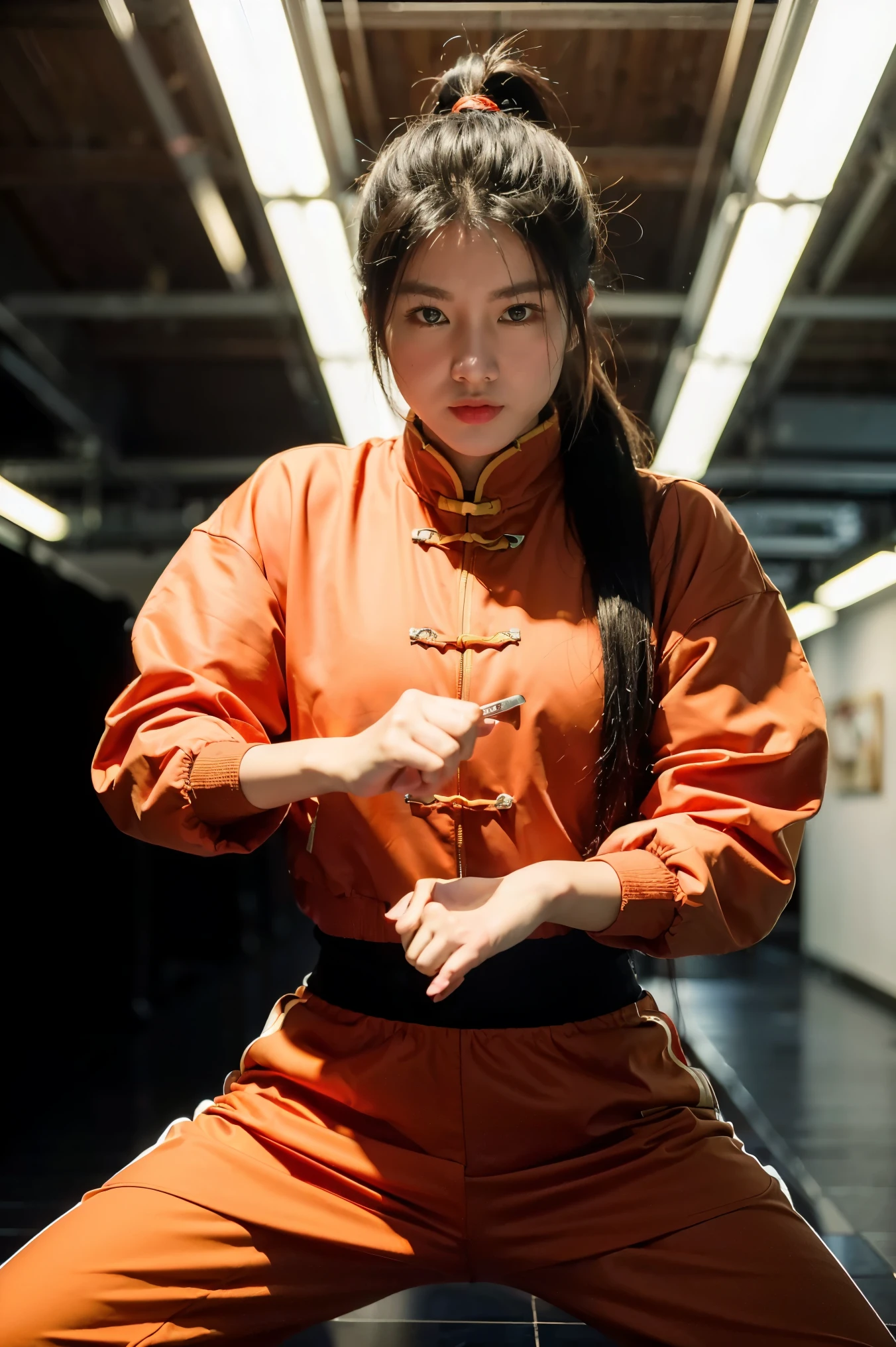 (((Highest quality, 8k, masterpiece:1.3)), 1girl, Fighter pose, (( futuristic Kung Fu Clothing)), Toned Body, red, ponytail, track pants, kungfu-styled jacket