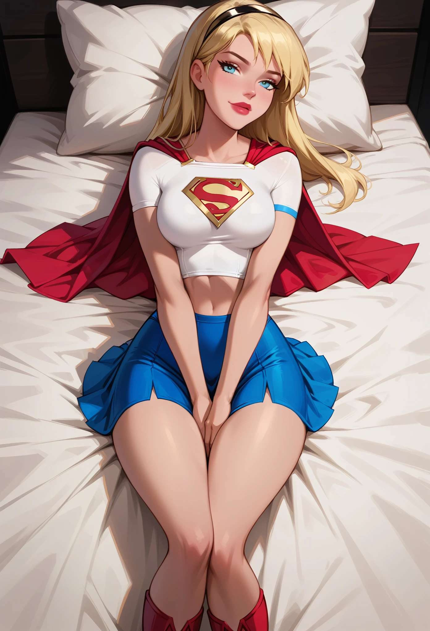 score_9, score_8_up, score_7_up, dcaustyle, 1girl, (Supergirl, blonde, wearing Supergirl costume, tight white tshirt, short sleeves, midriff, Supergirl emblem, blue skirt, tight skirt, short skirt, red cape, short cape, red boots:1.3) flirt, gaze, sexy look, half-closed eyes, head tilt, filled lips, thick lips, makeup, sexy pose, laying on her back on her luxurious bed, (hands between legs, thighs squeezed together, implied masturbation:1.4), naughty smile, aroused, expressiveh d4rk01l, perfect hands, perfect proportions.