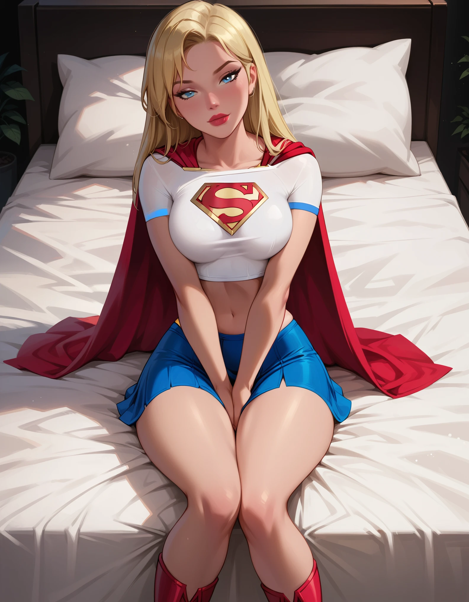 score_9, score_8_up, score_7_up, dcaustyle, 1girl, (Supergirl, blonde, wearing Supergirl costume, tight white tshirt, short sleeves, midriff, Supergirl emblem, blue skirt, tight skirt, short skirt, red cape, short cape, red boots:1.3) flirt, gaze, sexy look, half-closed eyes, head tilt, filled lips, thick lips, makeup, sexy pose, laying on her back on her luxurious bed, (hands between legs, thighs squeezed together, implied masturbation:1.4), naughty smile, aroused, expressiveh d4rk01l, perfect hands, perfect proportions.