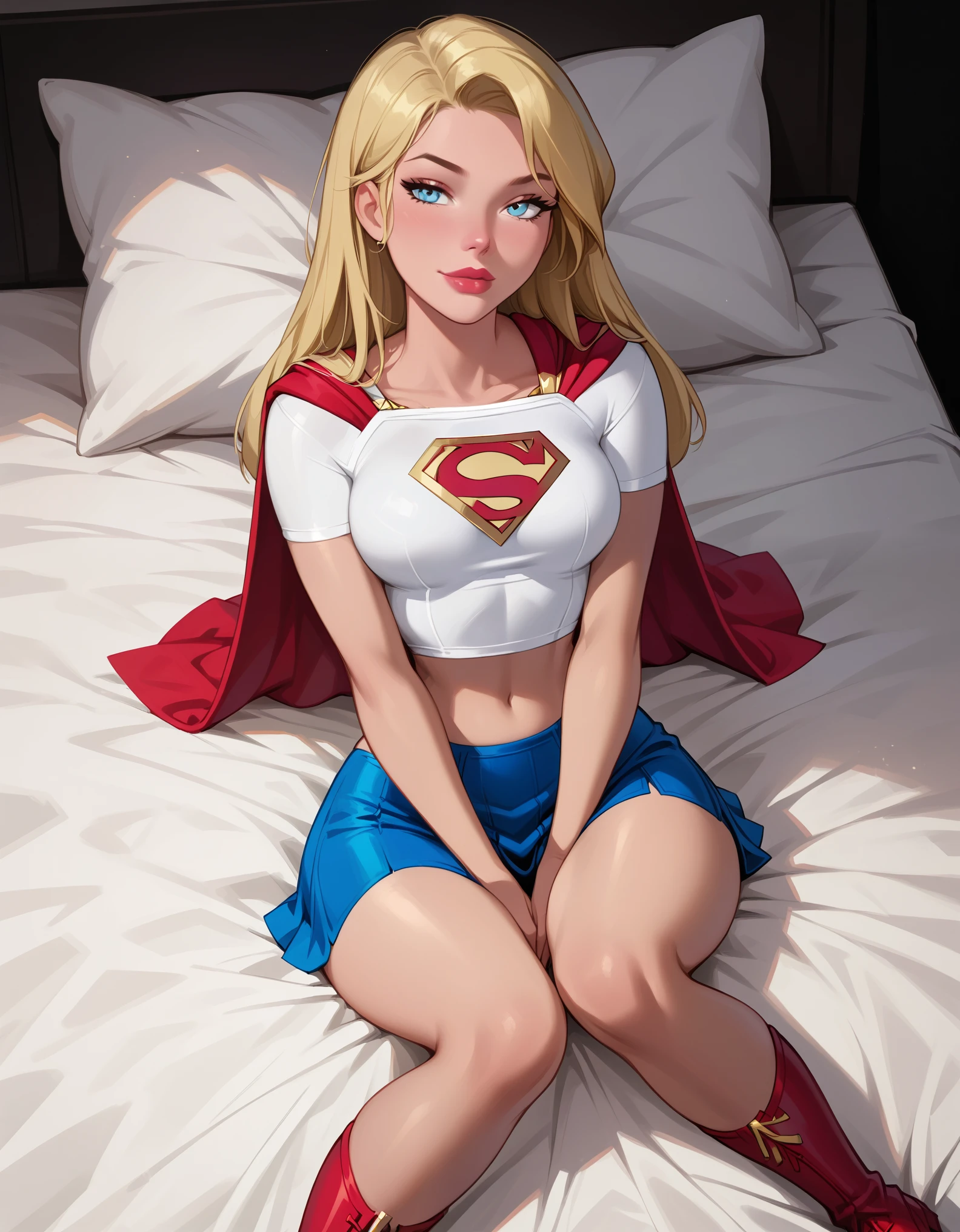 score_9, score_8_up, score_7_up, dcaustyle, 1girl, (Supergirl, blonde, wearing Supergirl costume, tight white tshirt, short sleeves, midriff, Supergirl emblem, blue skirt, tight skirt, short skirt, red cape, short cape, red boots:1.3) flirt, gaze, sexy look, half-closed eyes, head tilt, filled lips, thick lips, makeup, sexy pose, laying on her back on her luxurious bed, (hands between legs, thighs squeezed together, implied masturbation:1.4), naughty smile, aroused, expressiveh d4rk01l, perfect hands, perfect proportions.