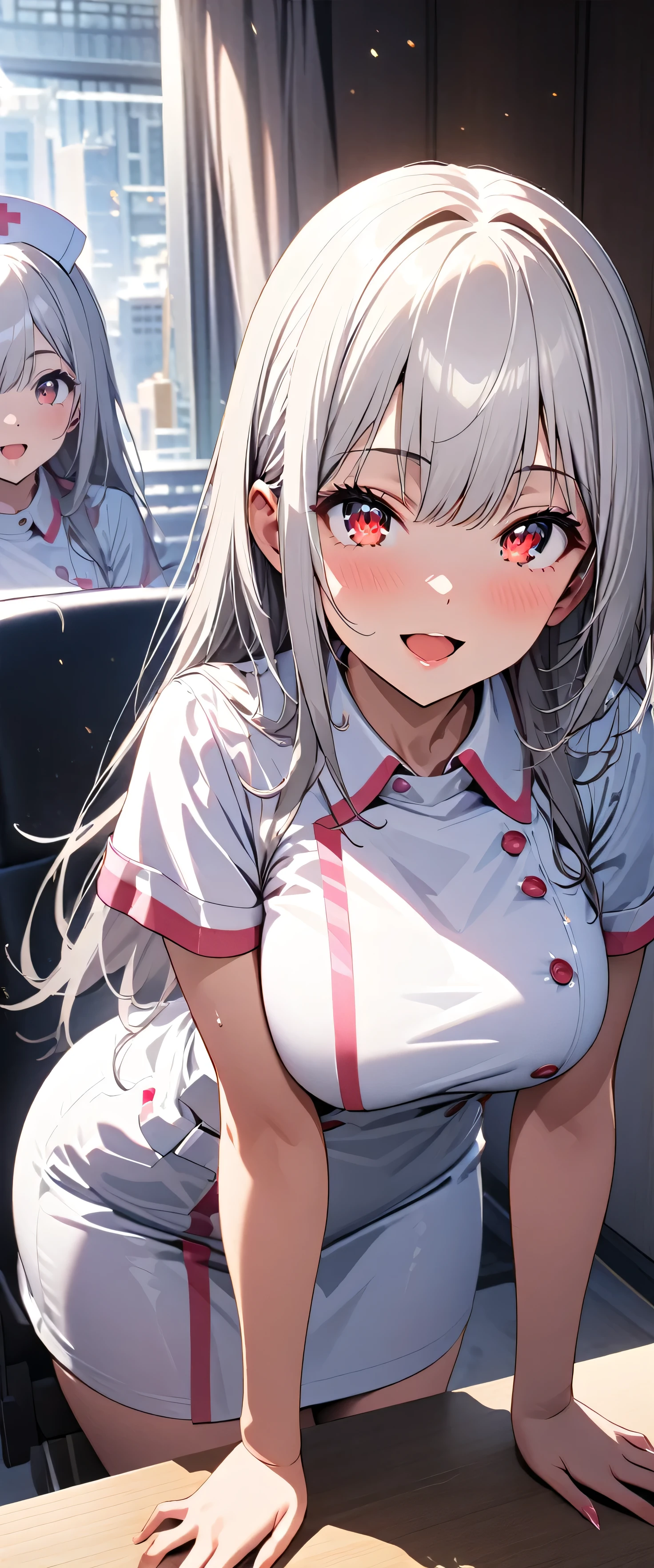 (beautiful girl: 1.3),1girl,masterpiece,Highest quality,Ultra-high resolution,rich contrast,super high quality,8k,Highly detailed CG unit wallpaper,texture,Incredibly absurd,RAW Photos,Highest quality anime,Depth of Field 1.2,Ultra-detailed eyes,Glowing Skin,Glitter effect,Beautiful glossy lips,(Silver-white hair,Long Hair),Red Eyes,nurse uniform,Nurse working at the hospital,exceptional smile,white nurse uniform,Large Breasts,Big Round Ass,Sit and pose,Big smile,Open your mouth wide,Leaning forward,Looking up,