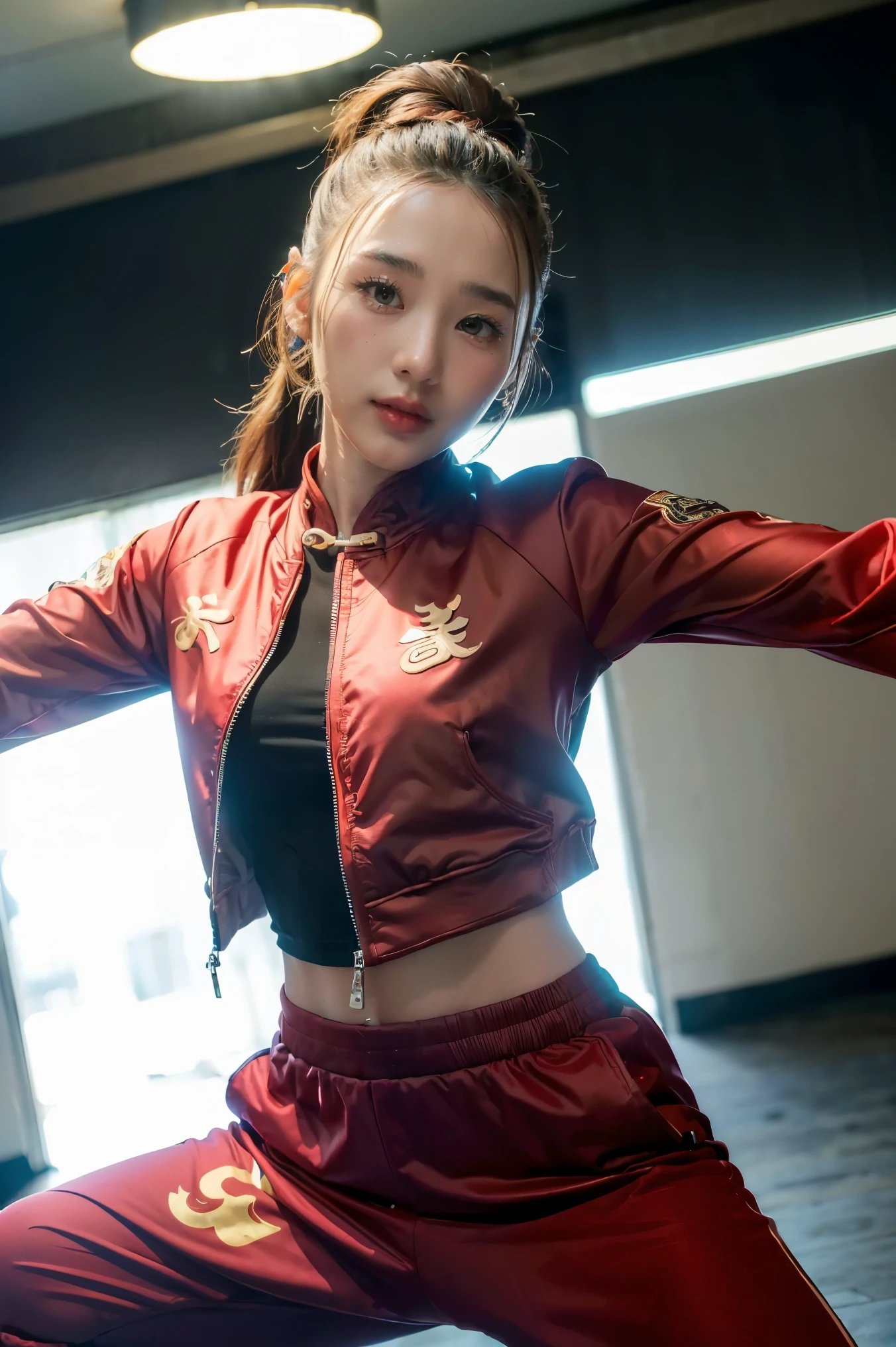 (((Highest quality, 8k, masterpiece:1.3)), 1girl, Fighter pose, (( futuristic Kung Fu Clothing)), Toned Body, red, ponytail, track pants, kungfu-styled jacket