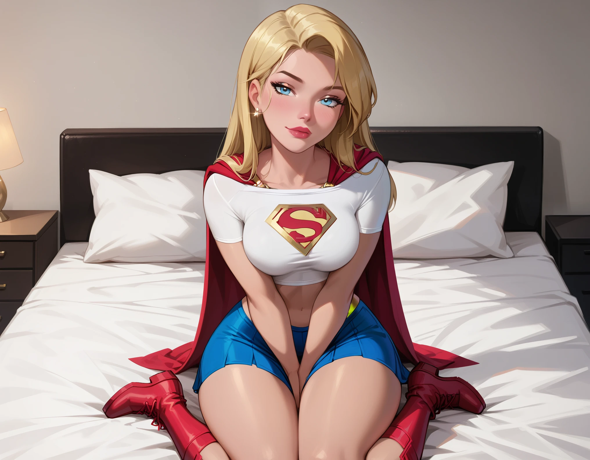 score_9, score_8_up, score_7_up, dcaustyle, 1girl, (Supergirl, blonde, wearing Supergirl costume, tight white tshirt, short sleeves, midriff, Supergirl emblem, blue skirt, tight skirt, short skirt, red cape, short cape, red boots:1.3) flirt, gaze, sexy look, half-closed eyes, head tilt, filled lips, thick lips, makeup, sexy pose, laying on her back on her luxurious bed, (hands between legs, thighs squeezed together, implied masturbation:1.4), naughty smile, aroused, expressiveh d4rk01l, perfect hands, perfect proportions.