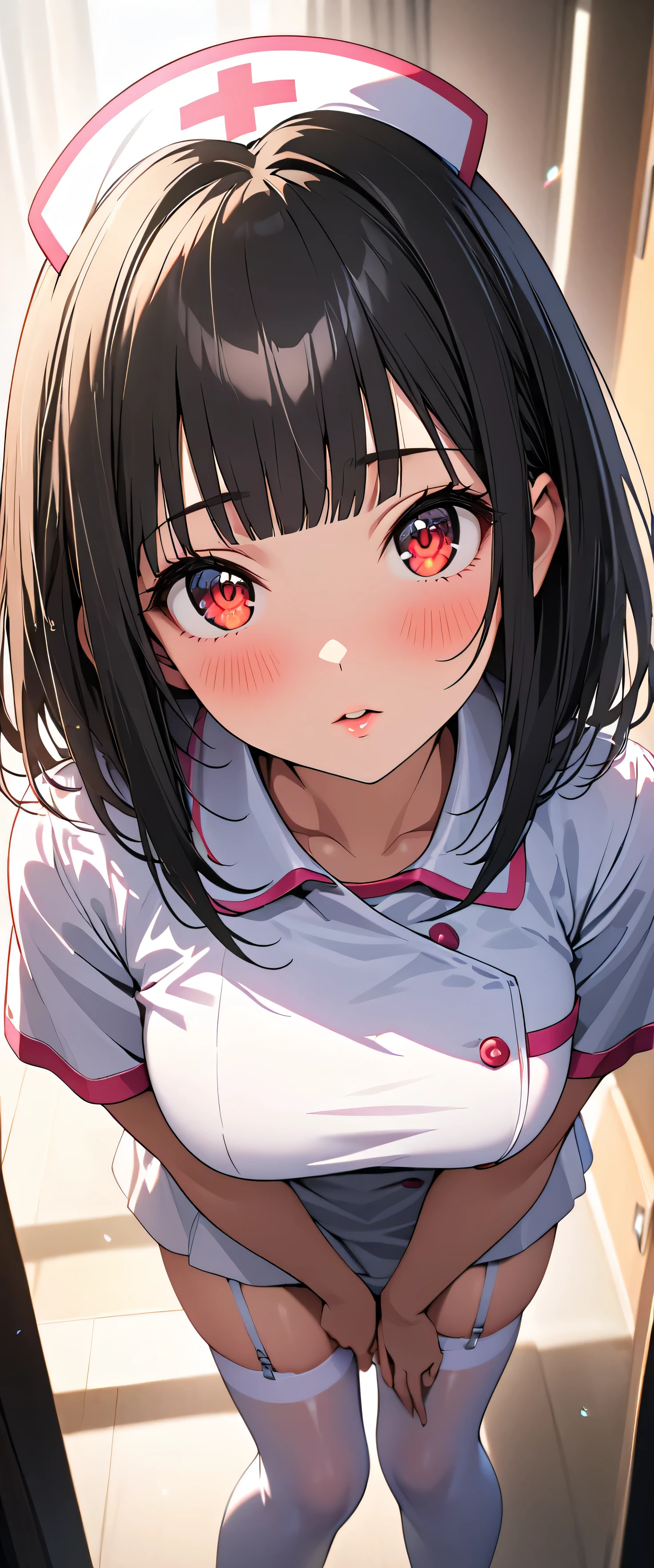 (beautiful girl: 1.3),1girl,masterpiece,Highest quality,Ultra-high resolution,rich contrast,super high quality,8k,Highly detailed CG unit wallpaper,texture,Incredibly absurd,RAW Photos,Highest quality anime,Depth of Field 1.2,Ultra-detailed eyes,Glowing Skin,Glitter effect,Beautiful glossy lips,(blunt bangs,medium hair,Black Hair),Red Eyes,nurse uniform,Nurse working at the hospital,white nurse uniform,Large Breasts,Big Round Ass,(knee-high socks),zettai ryouiki,garter straps,Embarrassing,blush,Leaning forward,Looking up,Tilt your head