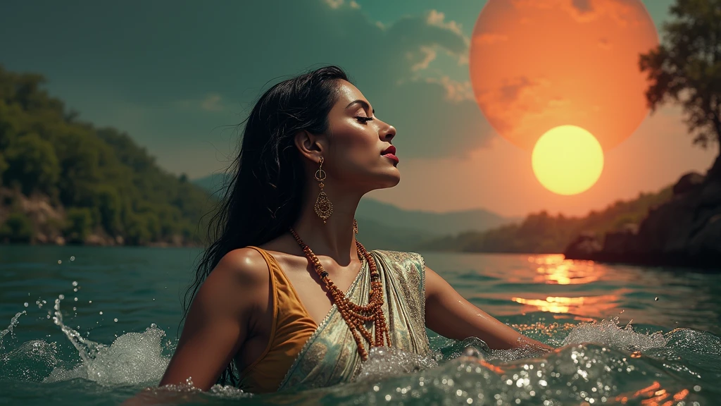 70s setting, grainy analog film, ultra-detailed, glamour artwork, provocative look, indian woman in jeans, playing in wide river with ecstasy, traditional accessories, abstract, orange white green, void, vivid, detailed sari, traditional makeup, india background