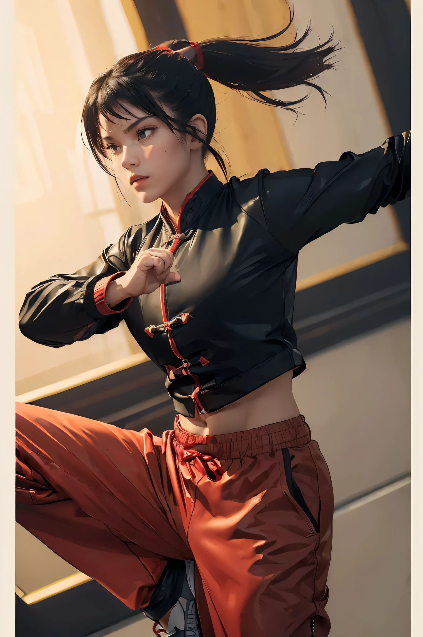 (((Highest quality, 8k, masterpiece:1.3)), 1girl, Fighter pose, (( futuristic Kung Fu Clothing)), Toned Body, red, ponytail, track pants, kungfu-styled jacket