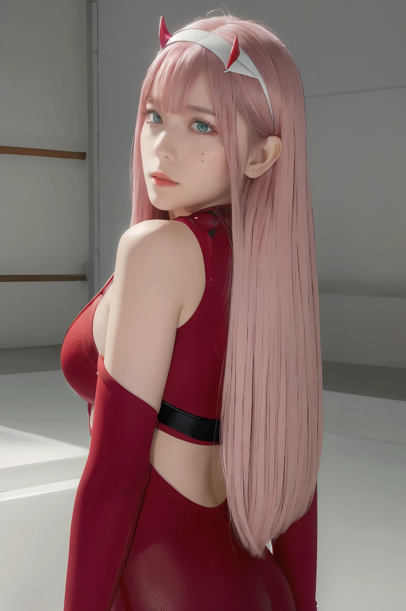 ((best quality)),((highly detailed)),masterpiece,absurdres,detailed face,beautiful face,((detailed eyes, deep eyes)),(1girl),((dynamic pose)),   Zero_Two, green eyes, 1girl, solo, red bodysuit, long hair, pilot suit, pink hair, bodysuit, straight hair, hairband, standing, horns, breasts, bangs, closed mouth, looking at viewer, medium breasts, white hairband, skin tight, blunt bangs, makeup, eyeshadow, very long hair, sidelocks, expressionless, hair between eyes, red horns, shiny hair, from behind
