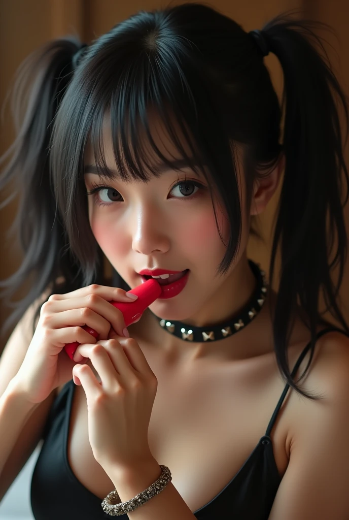 triangle-bikini,(open mouth:1.5),(tongue out:2),Kneeling,Hands between legs,Collar with leash,front view,face focus,from above(1girl,Beautiful 14 year old girl,teenager),((Slender,Small breasts,Small face,)),(looking at viewer),Black Hair,bangs,Beautiful and detailed,grass
