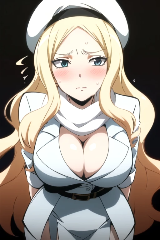 best quality, ultra high res, 1girl, Irina Jelavic, long hair, blonde hair, facing the viewer, looking at the viewer, big breasts, cleavage, (simple black background), dark, white suit, white skirt, belt, (white scarf), (white beret), aroused facial expression, closed mouth, blush, sweat, view from above,