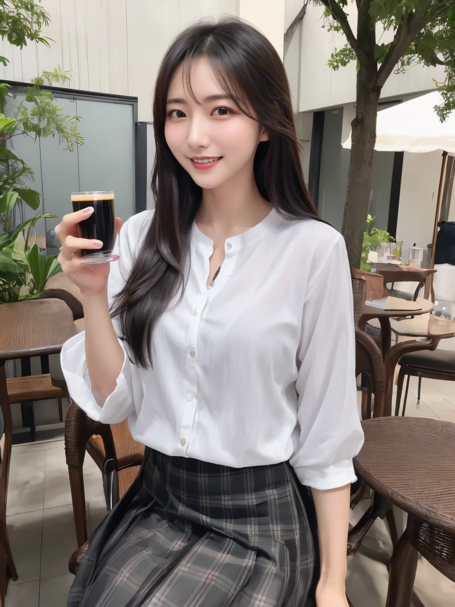 ((real photos:1.3)),((Super detailed)),((sharp:1.5)),1 female, A Korean woman with long black hair is drinking outside，Smiling face。skirt code: skirt。