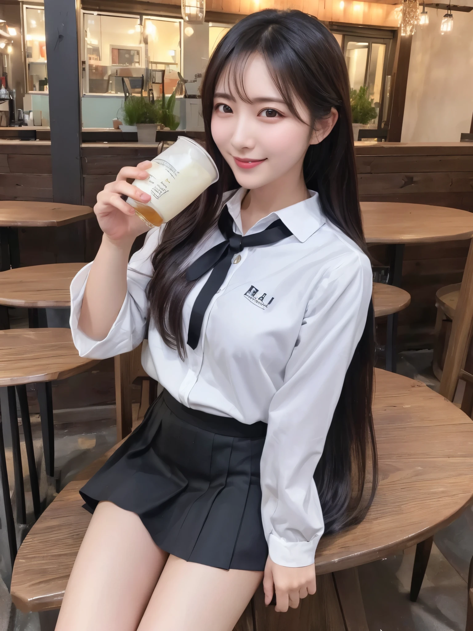 ((real photos:1.3)),((Super detailed)),((sharp:1.5)),1 female, A Korean woman with long black hair is drinking outside，Smiling face。skirt code: skirt。