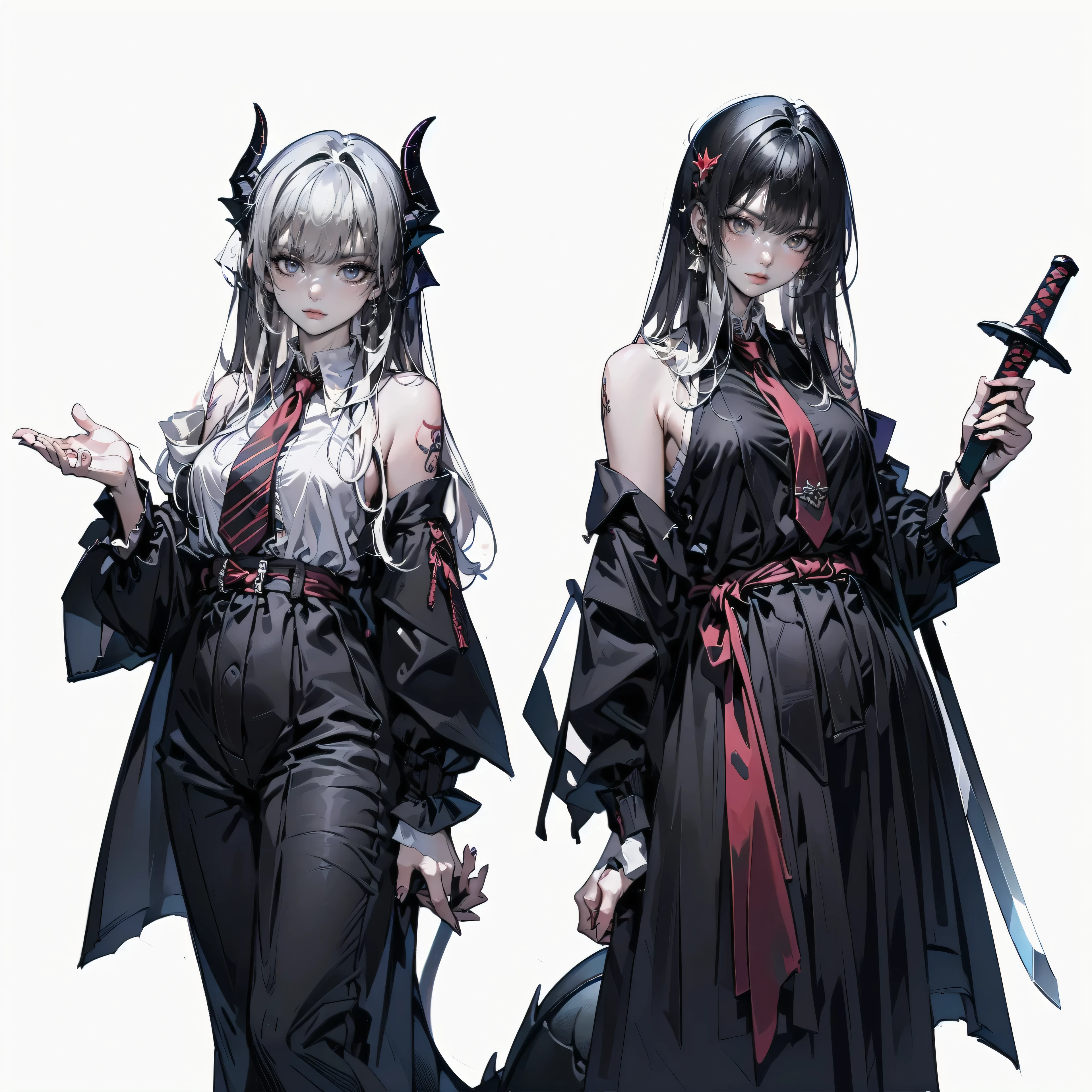 an anime man with a scar on his  eye) and (several tattoo on his body ) , white hair, (a black tail clothes (he wears a torn cloak and a chest piece together and shoulder pads made of old plates with a symbol of two dragons) your weapon (it's a sword made of black steel with ), fire, smoke, ultra HD, high quality, 32k, simple plain background, 8k, hd, dark fantasy, dragon by his side