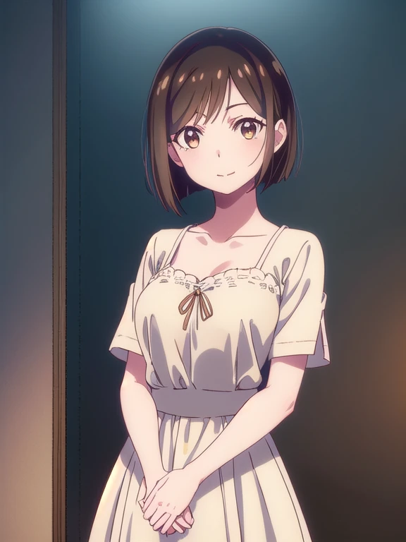 1girl in、bare shoulders、red blush、front-facing、clavicle、stand in from of door、Smile、Gonzo、light brown hair、bangss、solofocus、hands in chest、perspiring、thighs thighs thighs thighs、、short-hair、、volume illumination、motion line、Smile、、Japanese-style room、put out the tongue、Opening Mouth