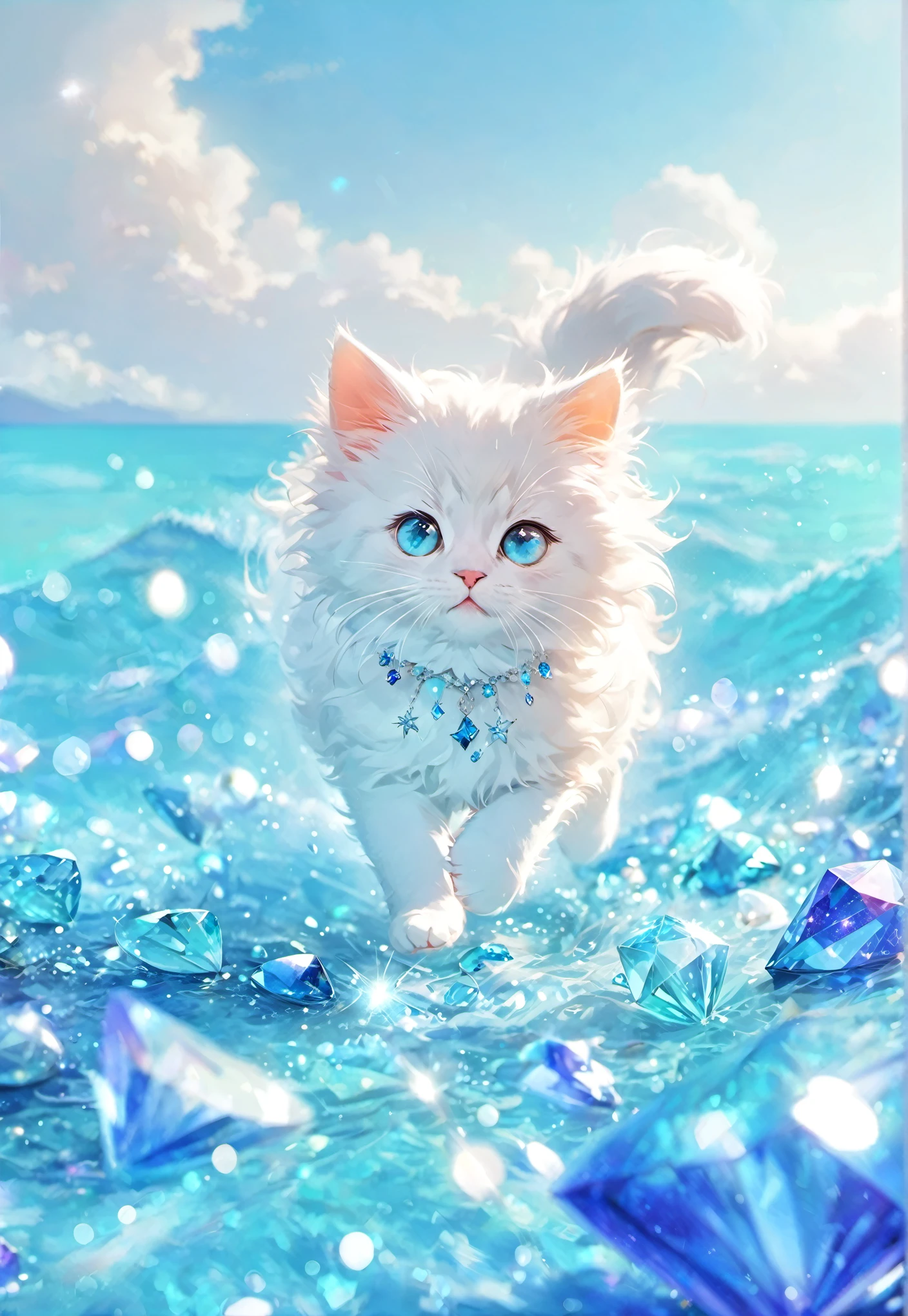 A lot of jewels,flower,Star,diamond,Star,Run,sea,Aquamarine,High resolution, masterpiece, accessories, Sparkle Effect, Star,Lots of blue gems,A lot of stars、A lot of jewelry,Fluffy and soft fur,Beautiful cat
