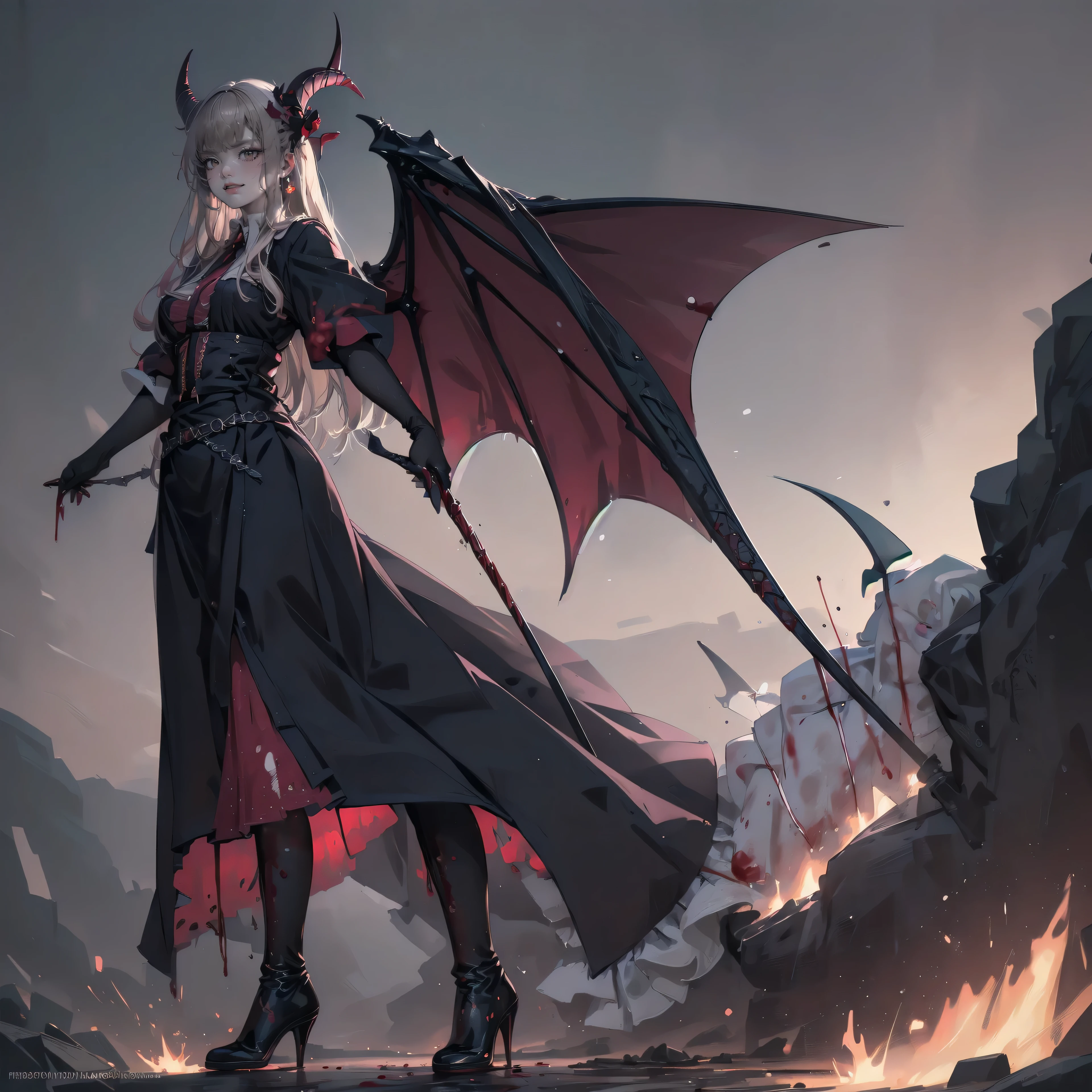 , Perfect Eyes, Soft Light, high quality, 4K resolution, Masterpiece: Finely textured skin, Attention to detail, 最high quality, nature、fantasy world、flower field, Awards, Very detailed, high quality, devil's queen、Goat with horns, red kimono, Living in the depths of hell, Lava flow, Blue long hair, Bright Blue Eyes, Red High Heels, Navy Blue Dress、Shadowed face 、Have a weapon、Staring at the audience with a frightened expression、beautiful girl、Very cute angel、Pink Gothic Fashion、cute、baby face、smile、Long skirt、Black long boots、.(最high quality,4K,High resolution,masterpiece:1.2),Very detailed,Realistic:1.37,Spooky altar background,Dark fantasy,Red color scheme,Ominous atmosphere,Eye-catching,Storytelling,anatomy,Anime Style,Concept Art,beautifulAttention to detail顔と (((Red eyes ))),A terrifying ritual ,devil's ritual,Premature death,Inappropriate behavior,crazy smile,Scythe Face,Girl Monster, beautiful, Delicate facial features, Sharp Eye, Sharp fangs, pale Skin, Dark Background, Cinema Lighting, Dramatic Shadows, Gothic style, Gloomy atmosphere, Dark fantasy, One person'S, Please open your mouth wide, Open your mouth and baring your teeth,Sharp teeth like a beast, Wide lips, Very wide mouth, Red cheeks, ,(Blood splatter:1.4),Scary smile, smile,Angel Design, TwiSted smile、Bloody、Head bleeding,,,,,、Blood splatter、,(Blood splatter:1.4),skull,devil's gun,Horror Style, ((Fantasy Sweet Ta Frill Pink Costume)), ((Flowing blonde hair)), ,(Blood splatter:1.4),Female Curves, Sexy flat stomach, Perfect hands, Perfect anime character face, (Pink Tata Dress)), Standing, ((Evil smile)), ,(Blood splatter:1.4), Steam circulation, Moonlight Illumination, night lighting, (Blood splatter:1.6),Anime Angel Design, TwiSted smile、Bloody、Head bleeding,,,,,、Blood splatter、,(Blood splatter:1.4), skull,、, Skeleton Gas Light,Absurd, High resolution、 ((Tabletop)), ((最high quality)), (Very detailedな), ((Very detailed)), (beautiful), ((cute)), (NFSW:1.8)