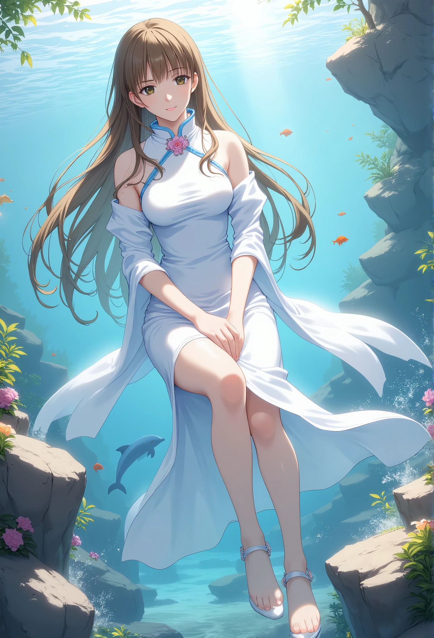 (masterpiece), best quality, ultra-detailed, illustration, warm lighting, bright colors, 1girl, solo, long hair, blue eyes, ribbon, brown hair, hair between eyes, hair ribbon, sidelocks, very long hair,

white dress, dress, thighs, long sleeves, hands behide back, (arms behide back), leaning foward, mischievous smile, ((arms_behind_back)), white pantyhose, white gloves, 

underwater, floating, wet,cowboy shot, fish surrounded, seabed, undersea,underwater,  jellyfish, fish, bubble, sunbeam,


 