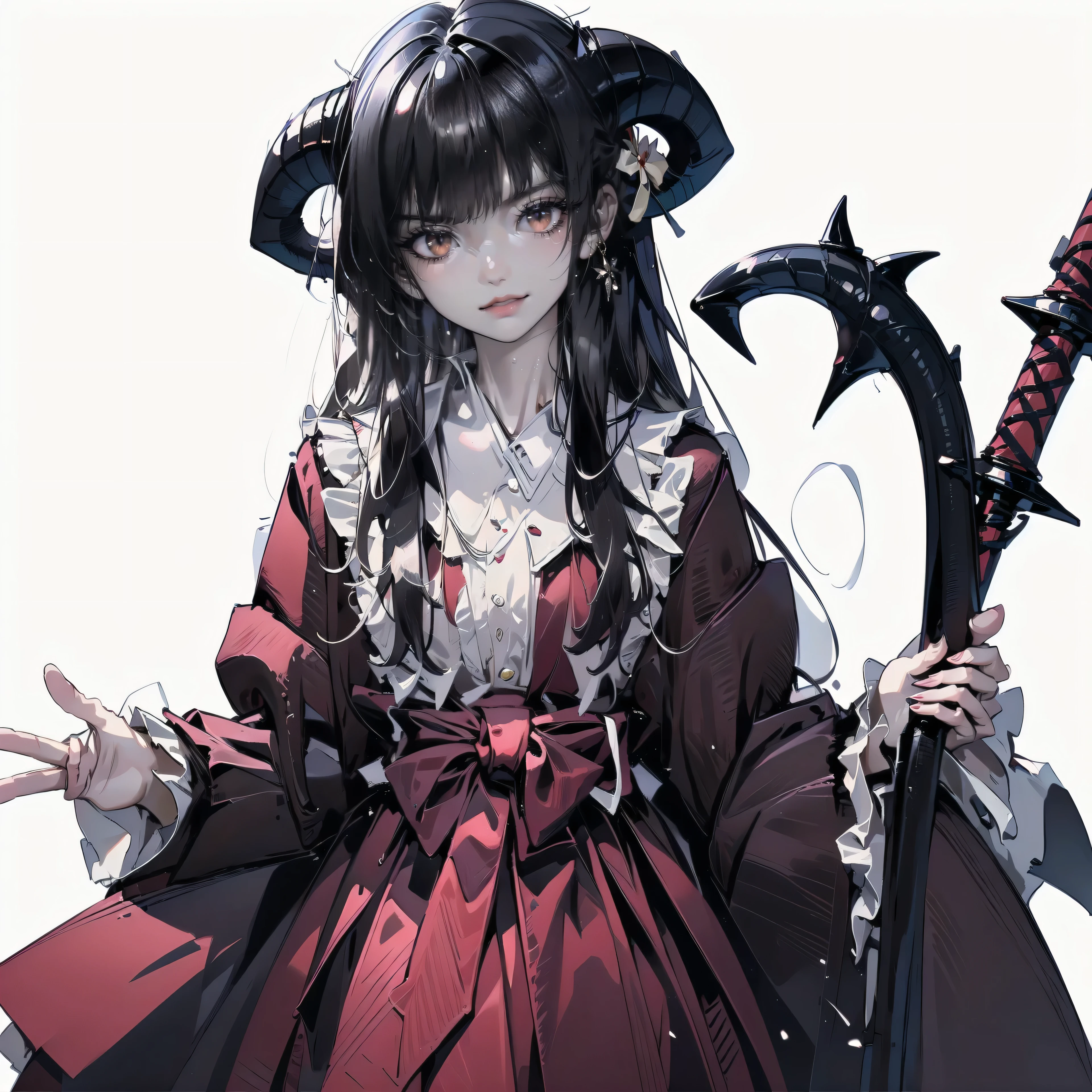 , Perfect Eyes, Soft Light, high quality, 4K resolution, Masterpiece: Finely textured skin, Attention to detail, high quality, Awards, Very detailed, high quality, devil's queen、Goat with horns, red kimono,   Bright Blue Eyes,Have a weapon、、beautiful girl、Very cute angel、、cute、、smile、Long skirt、、.(最high quality,4K,High resolution,masterpiece:1.2),Very detailed,Realistic:1.37,Dark fantasy,Red color scheme,,Eye-catching,Storytelling,anatomy,Anime Style,Concept Art,(((Red eyes ) beautiful, Delicate facial features, Sharp Eye, Sharp fangs, pale Skin, , Gothic style,  Dark fantasy,  smile,Angel Design,  Perfect anime character face, ( ((Evil smile)),fantasy world、,V, Skeleton Gas Light,Absurd, High resolution、high quality)), (Very detailedな), Very detailed