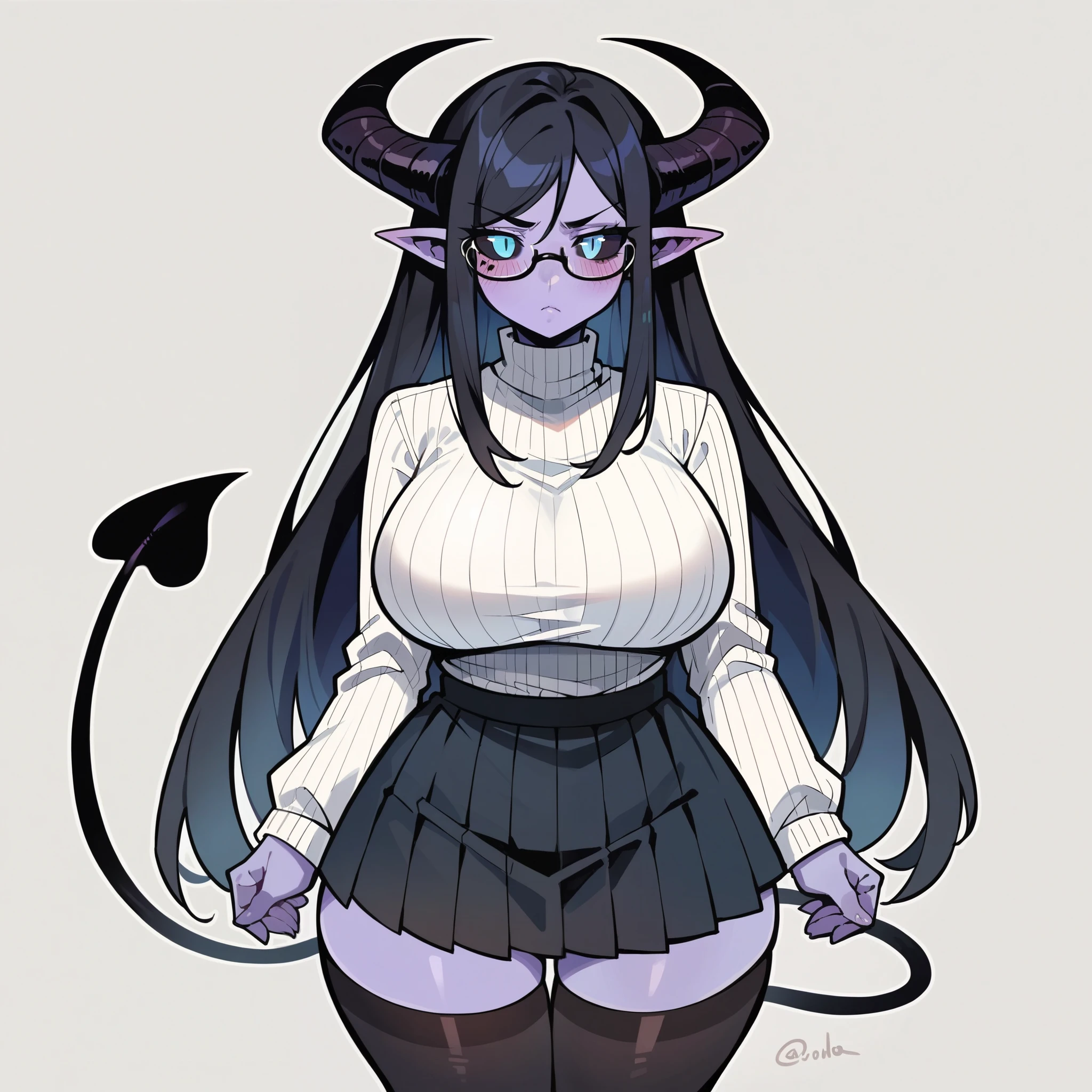 High quality anime succubus girl with big breats, horns, a tail, and purple hair