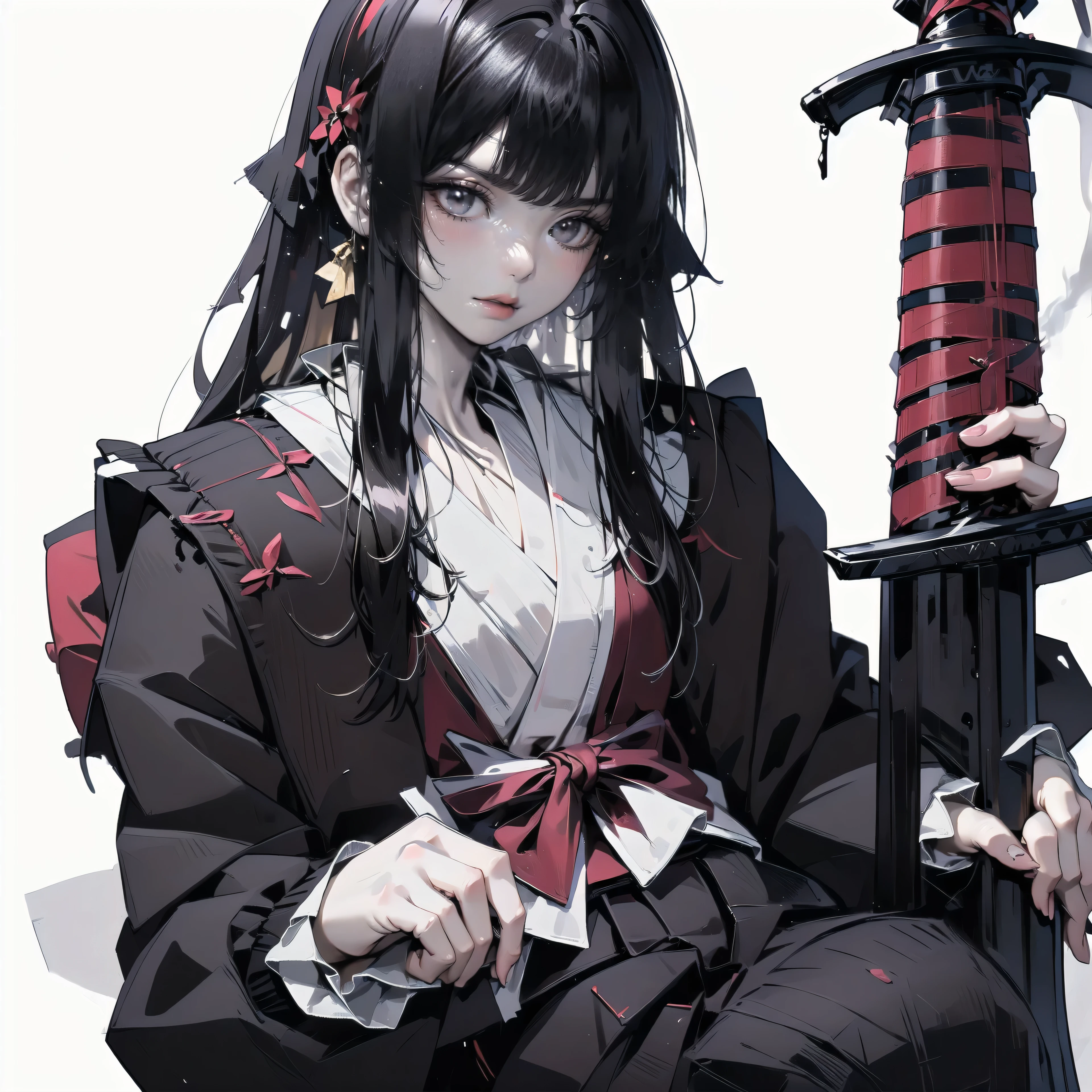 an anime man , holding his weapon is katakana sword, smoke, fire, japanese kimono, ultra HD, high quality, 32k, simple plain background, 8k, hd, dark fantasy
