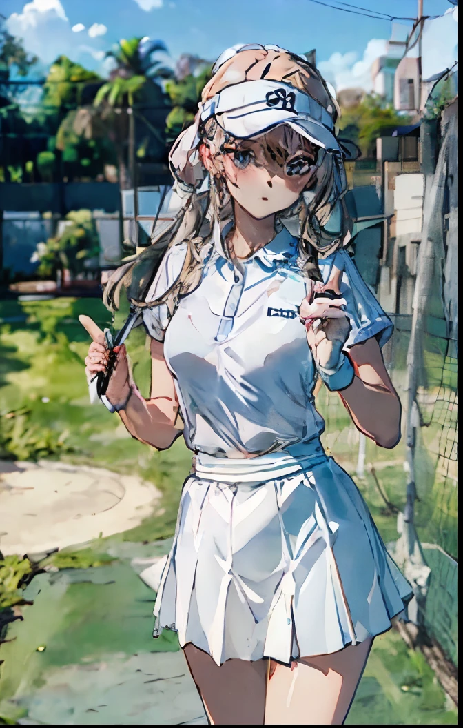 masterpiece, Best Quality, Tennis Wear、白いミニskirt、White underskirt、High resolution, extremely detailed face、Golf Player、Hit the ball with the driver、Beauty、Golf Wear、skirt、During the game、Innocent look、sexy