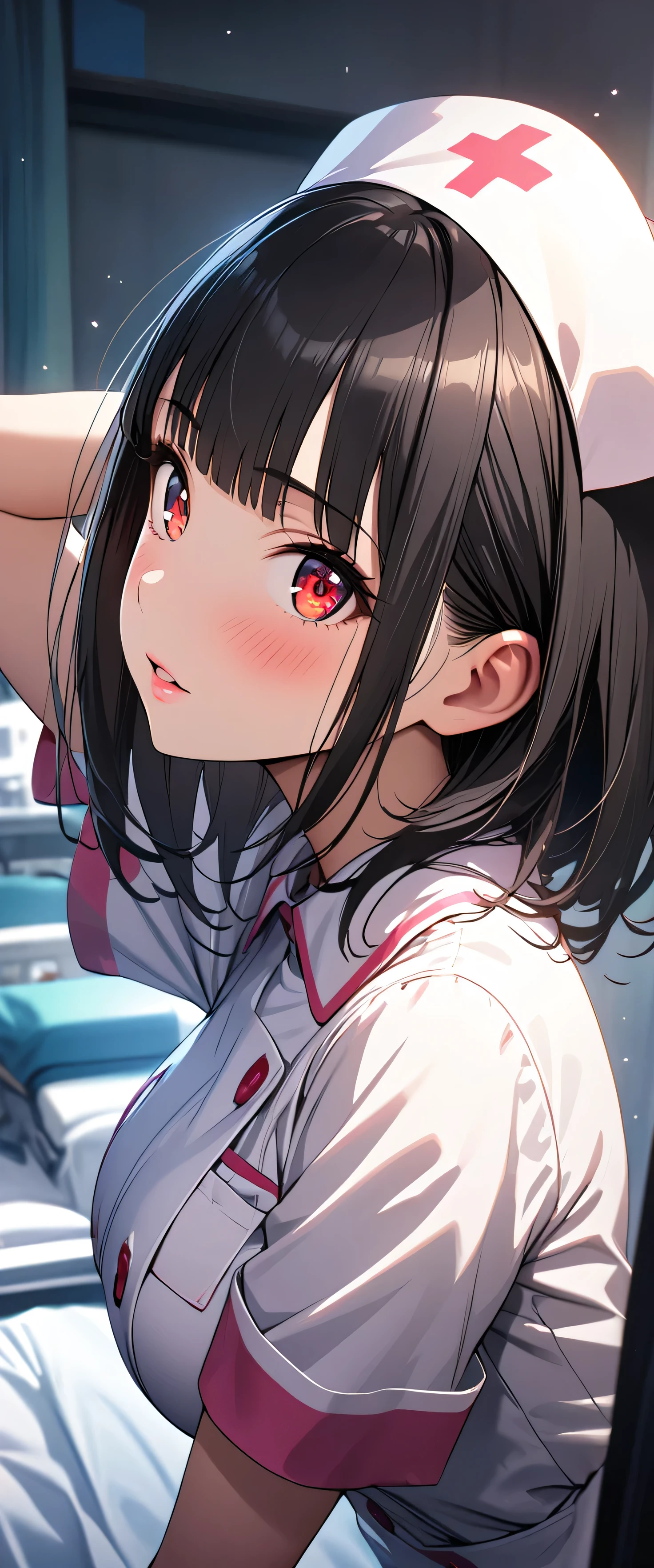 (beautiful girl: 1.3),1girl,masterpiece,Highest quality,Ultra-high resolution,rich contrast,super high quality,8k,Highly detailed CG unit wallpaper,texture,Incredibly absurd,RAW Photos,Highest quality anime,Depth of Field 1.2,Ultra-detailed eyes,Glowing Skin,Glitter effect,Beautiful glossy lips,(blunt bangs,medium hair,Black Hair),Red Eyes,nurse uniform,Nurse working at the hospital,white nurse uniform,Large Breasts,Big Round Ass,Embarrassing,blush,Leaning forward,Looking up,Tilt your head,(from side:1.2)