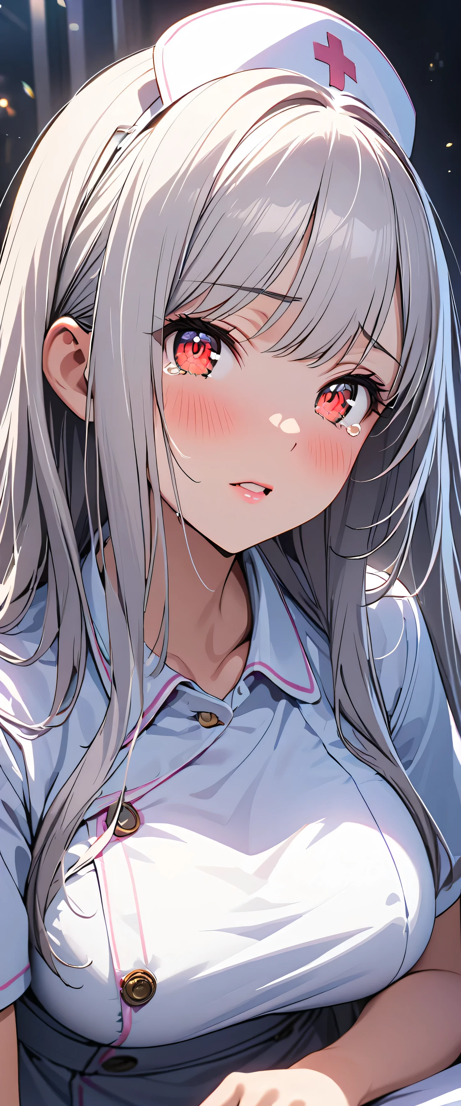 (beautiful girl: 1.3),1girl,masterpiece,Highest quality,Ultra-high resolution,rich contrast,super high quality,8k,Highly detailed CG unit wallpaper,texture,Incredibly absurd,RAW Photos,Highest quality anime,Depth of Field 1.2,Ultra-detailed eyes,Glowing Skin,Glitter effect,Beautiful glossy lips,(Silver-white hair,Long Hair),Red Eyes,nurse uniform,Nurse working at the hospital,white nurse uniform,Large Breasts,Big Round Ass,Sit and pose,(((cry))),Embarrassing,blush,Leaning forward,Looking up,Tilt your head,(close up)(((cry)))