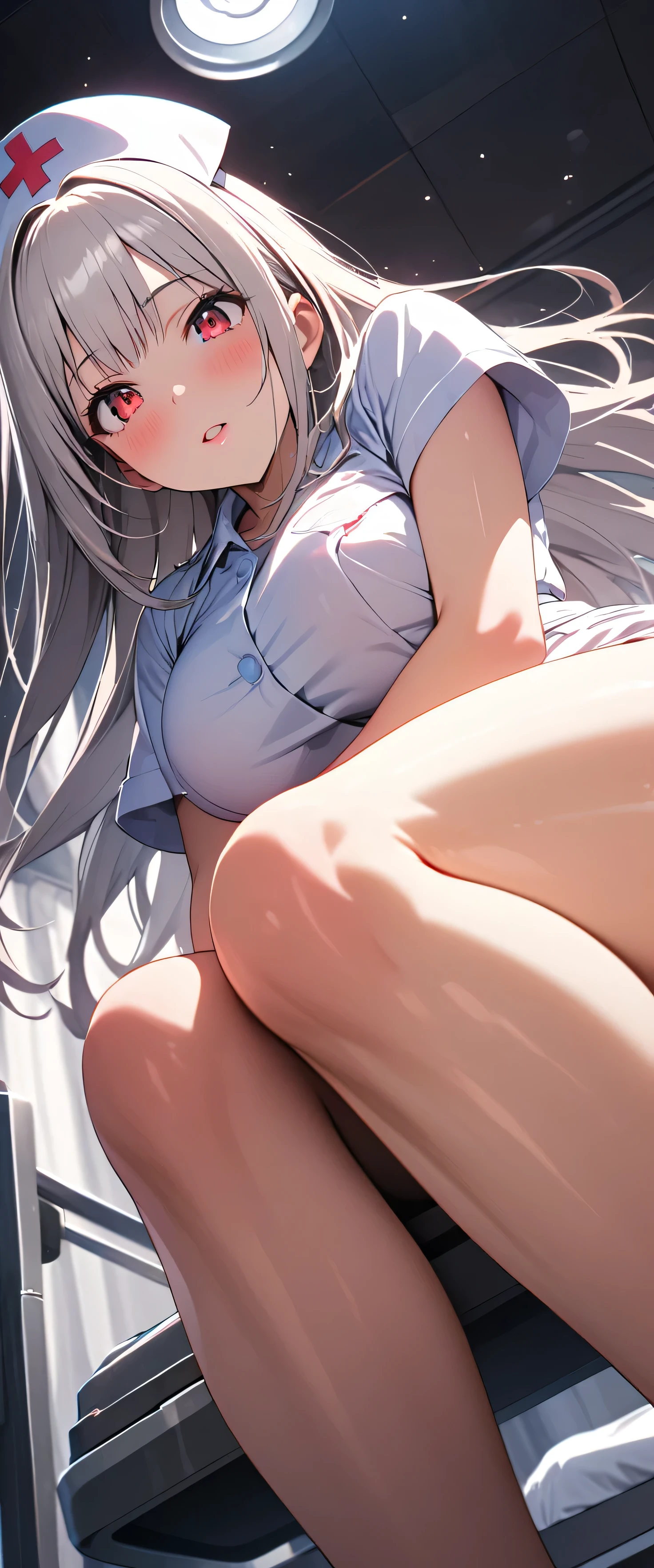 (beautiful girl: 1.3),1girl,masterpiece,Highest quality,Ultra-high resolution,rich contrast,super high quality,8k,Highly detailed CG unit wallpaper,texture,Incredibly absurd,RAW Photos,Highest quality anime,Depth of Field 1.2,Ultra-detailed eyes,Glowing Skin,Glitter effect,Beautiful glossy lips,(Silver-white hair,Long Hair),Red Eyes,nurse uniform,Nurse working at the hospital,white nurse uniform,Large Breasts,Big Round Ass,Sit and pose,Embarrassing,blush,Leaning forward,Looking up,Tilt your head,(from below:1.2)