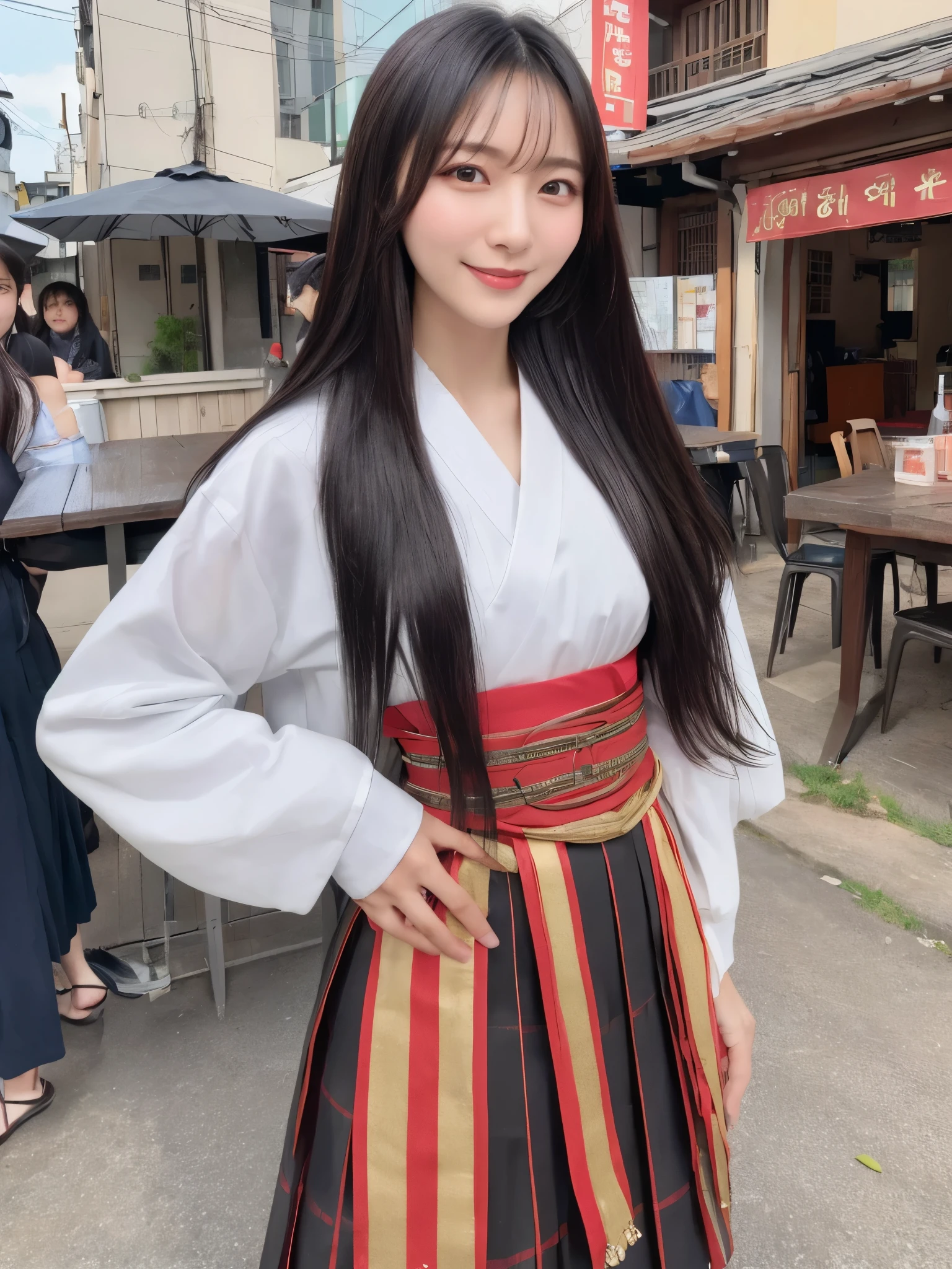 ((real photos:1.3)),((Super detailed)),((sharp:1.5)),1 female, A Korean woman with long black hair is drinking outside,Smiling face。Korean traditional clothing,skirt code: skirt。