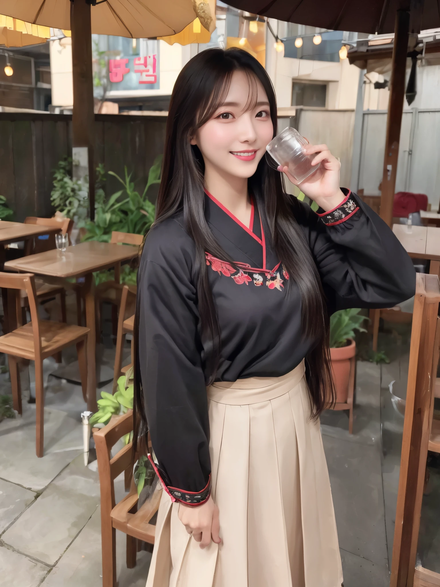 ((real photos:1.3)),((Super detailed)),((sharp:1.5)),1 female, A Korean woman with long black hair is drinking outside,Smiling face。Korean traditional clothing,skirt code: skirt。