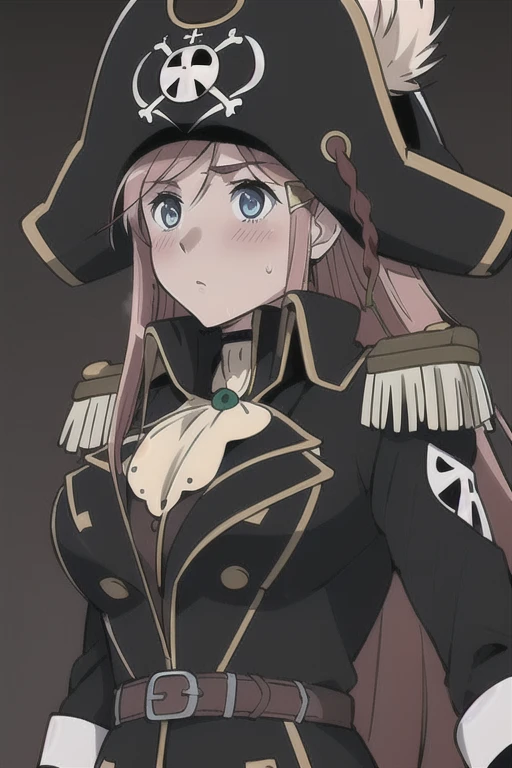 masterpiece, best quality, 1girl, detailed face and eyes, big breasts, cleavage, Katou Marika, (black pirate costume), long coat, belt, (black cargo pants), (black pirate hat), looking at the viewer, facing the viewer, (aroused facial expression), closed mouth, blush, sweat, (simple dark background), view from below