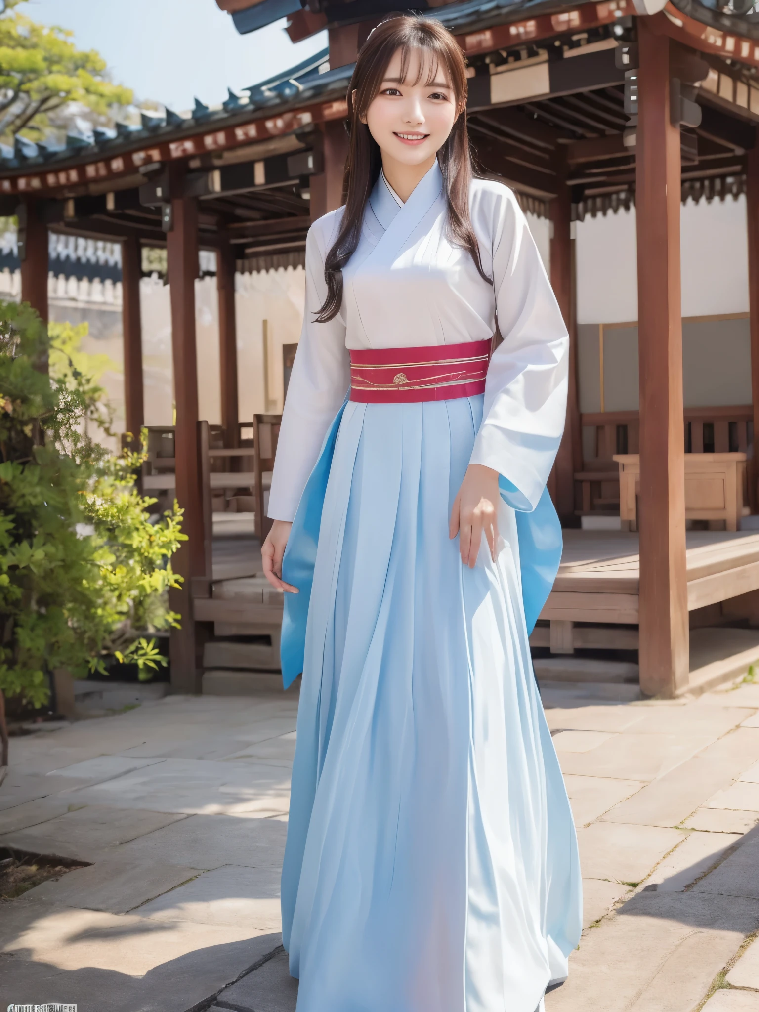 ((real photos:1.3)),((Super detailed)),((sharp:1.5)),1 female, A Korean-style woman with a Hanbok hair is walking around the palace，Smiling face。Korean Hanbok Clothing,skirt code: skirt。