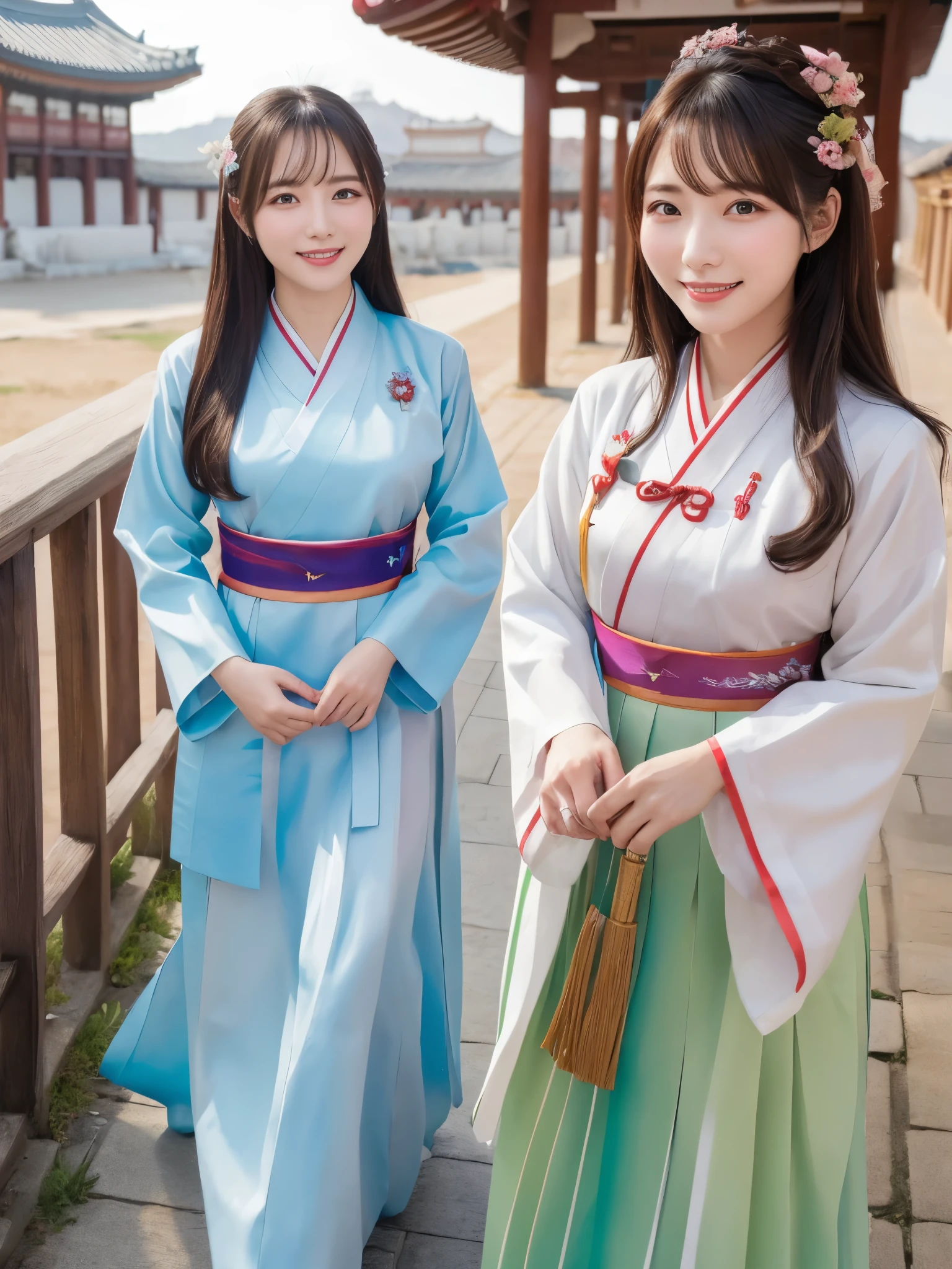 ((real photos:1.3)),((Super detailed)),((sharp:1.5)),1 female, A Korean-style woman with a Hanbok hair is walking around the palace，Smiling face。Korean Korean clothing,skirt code: skirt。